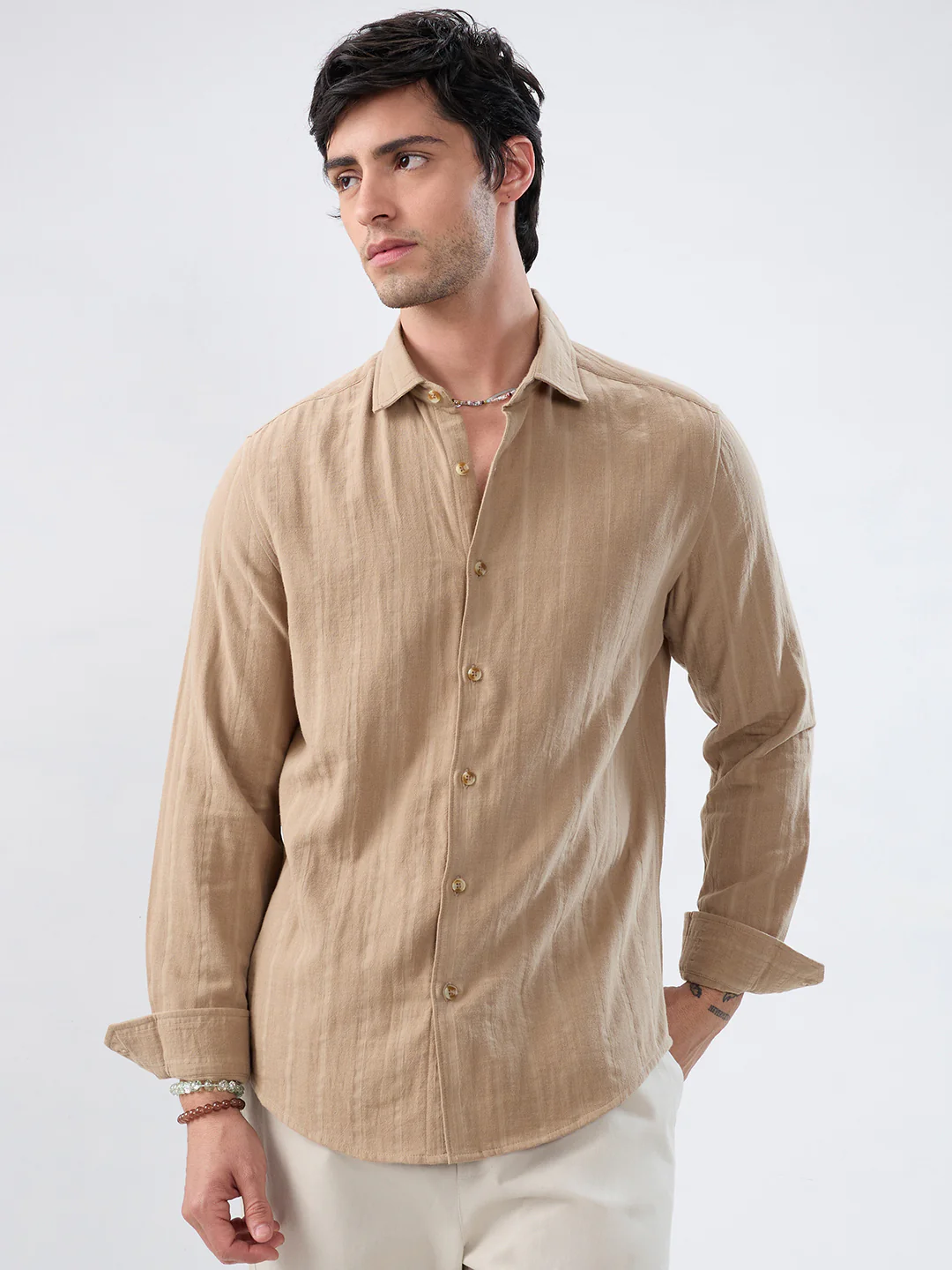 Tuscan Tan Double Cloth Luxe Striped Shirt - Image 4