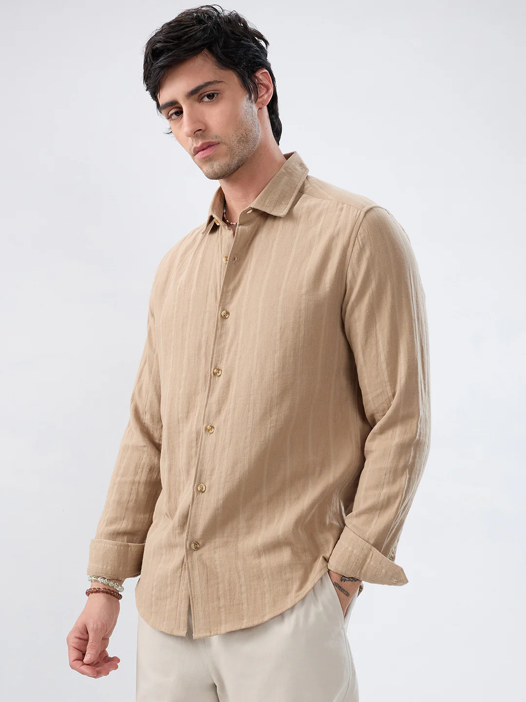 Tuscan Tan Double Cloth Luxe Striped Shirt - Image 5