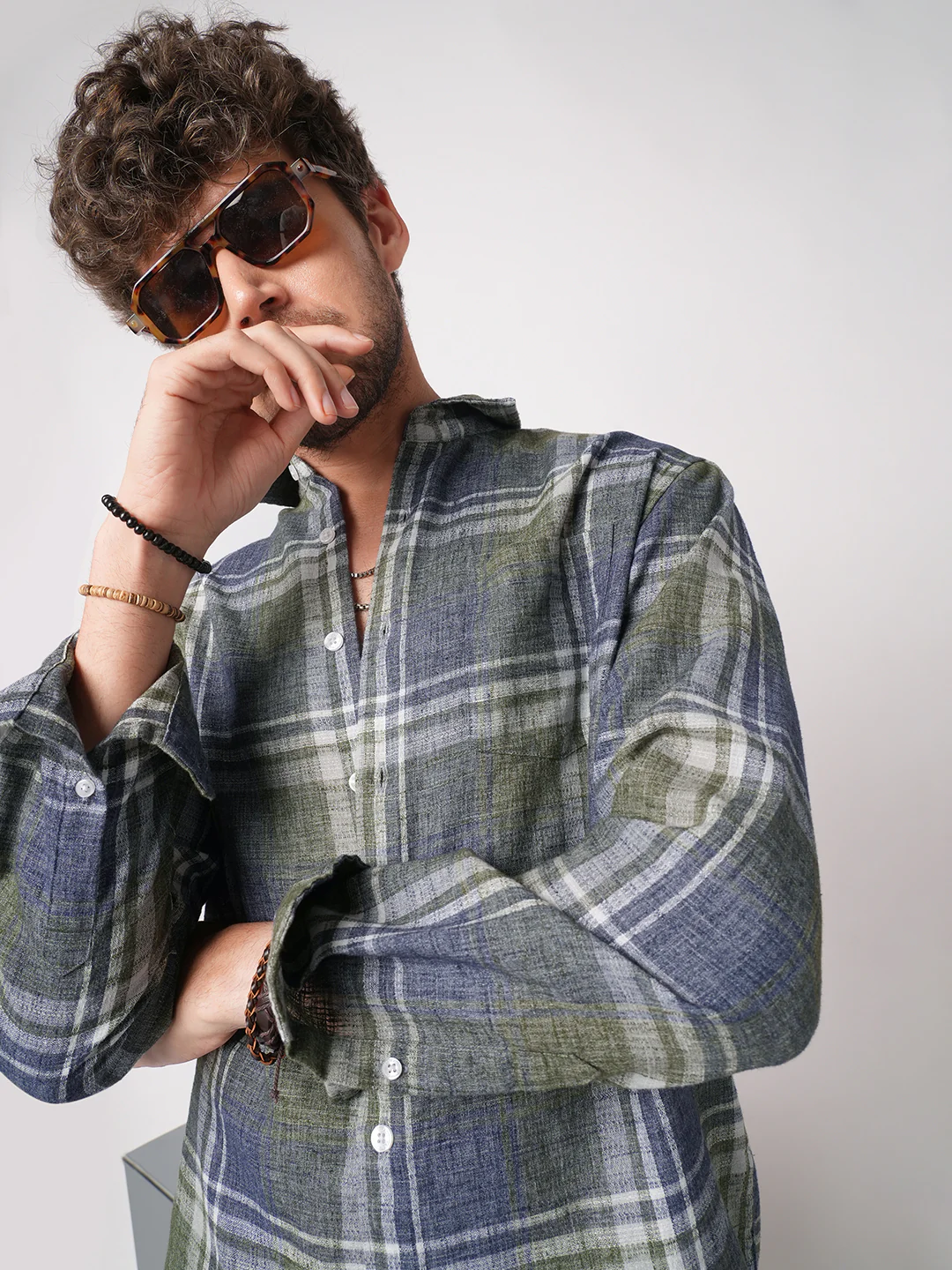 Twilight Green & Blue Plaid Checks Linen Blend Shirt - Image 2