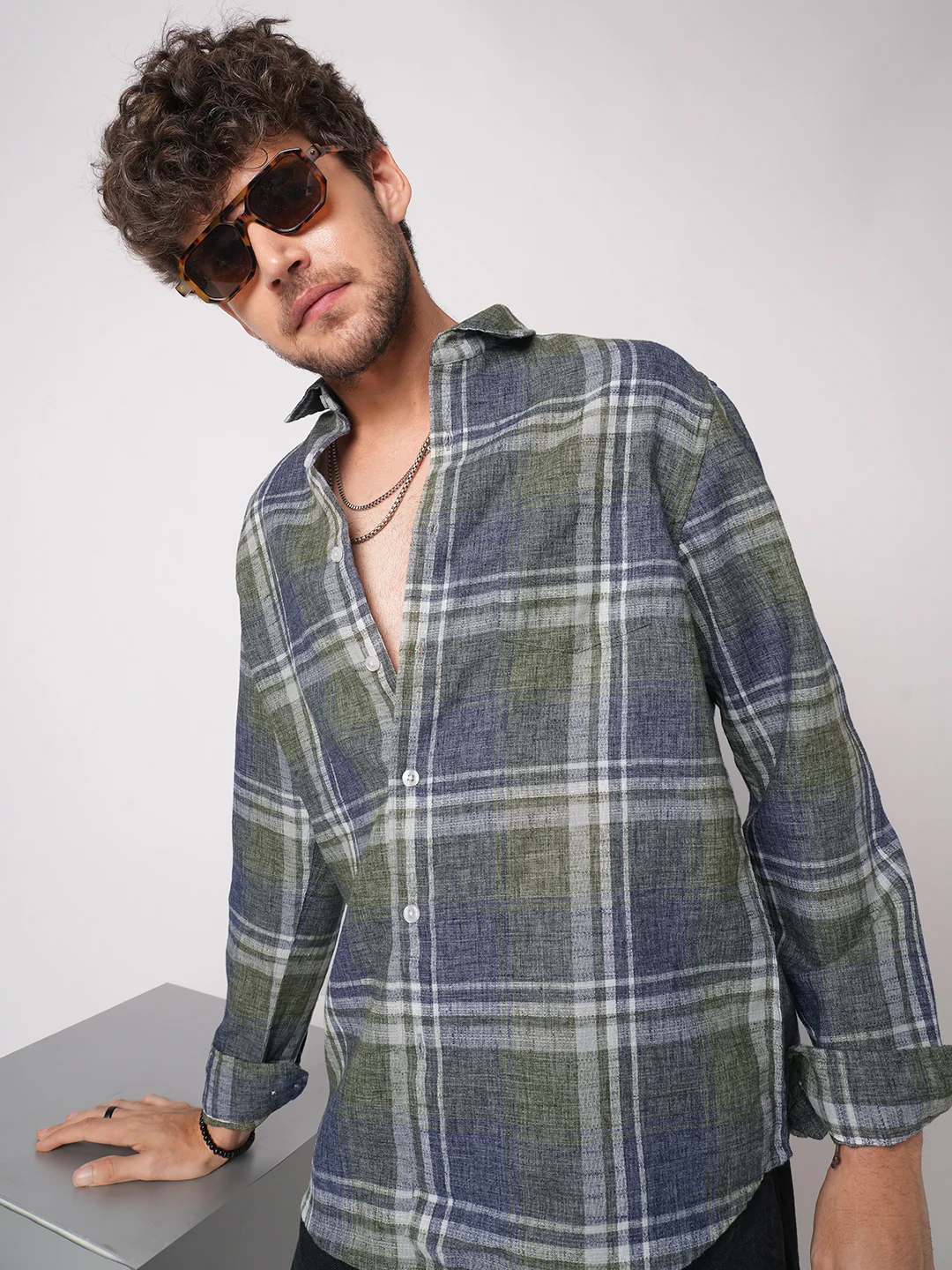 Twilight Green & Blue Plaid Checks Linen Blend Shirt - Image 4