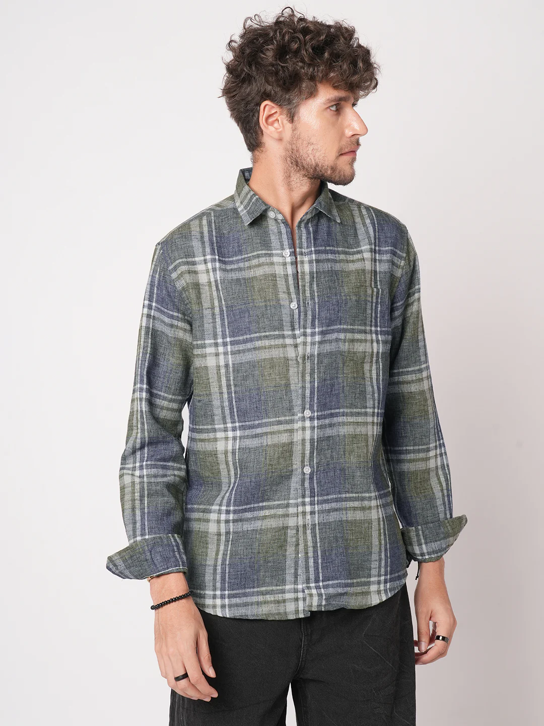 Twilight Green & Blue Plaid Checks Linen Blend Shirt - Image 5
