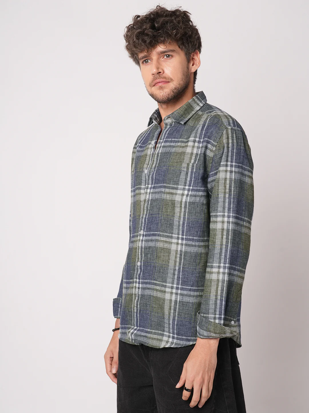 Twilight Green & Blue Plaid Checks Linen Blend Shirt - Image 6