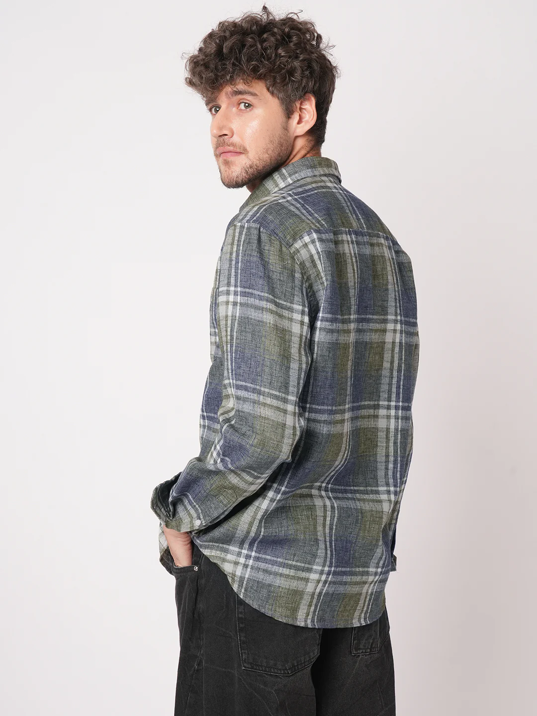 Twilight Green & Blue Plaid Checks Linen Blend Shirt - Image 7