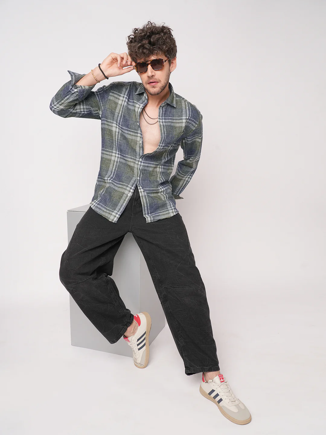 Twilight Green & Blue Plaid Checks Linen Blend Shirt - Image 8