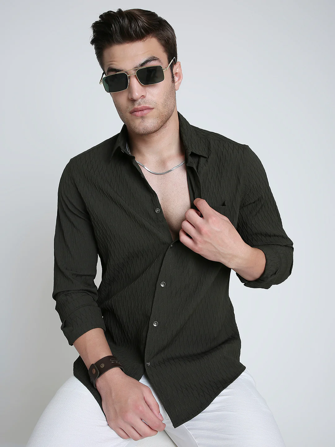 Twilight Olive Self-Design Embossed Shirt - Image 2