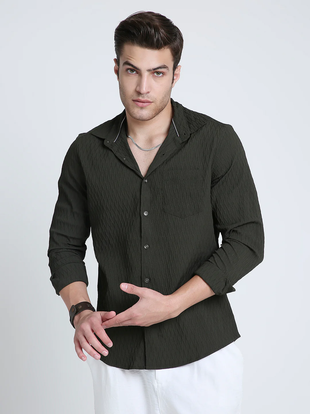 Twilight Olive Self-Design Embossed Shirt - Image 4