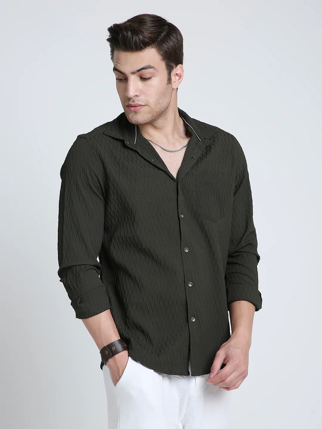 Twilight Olive Self-Design Embossed Shirt - Image 5