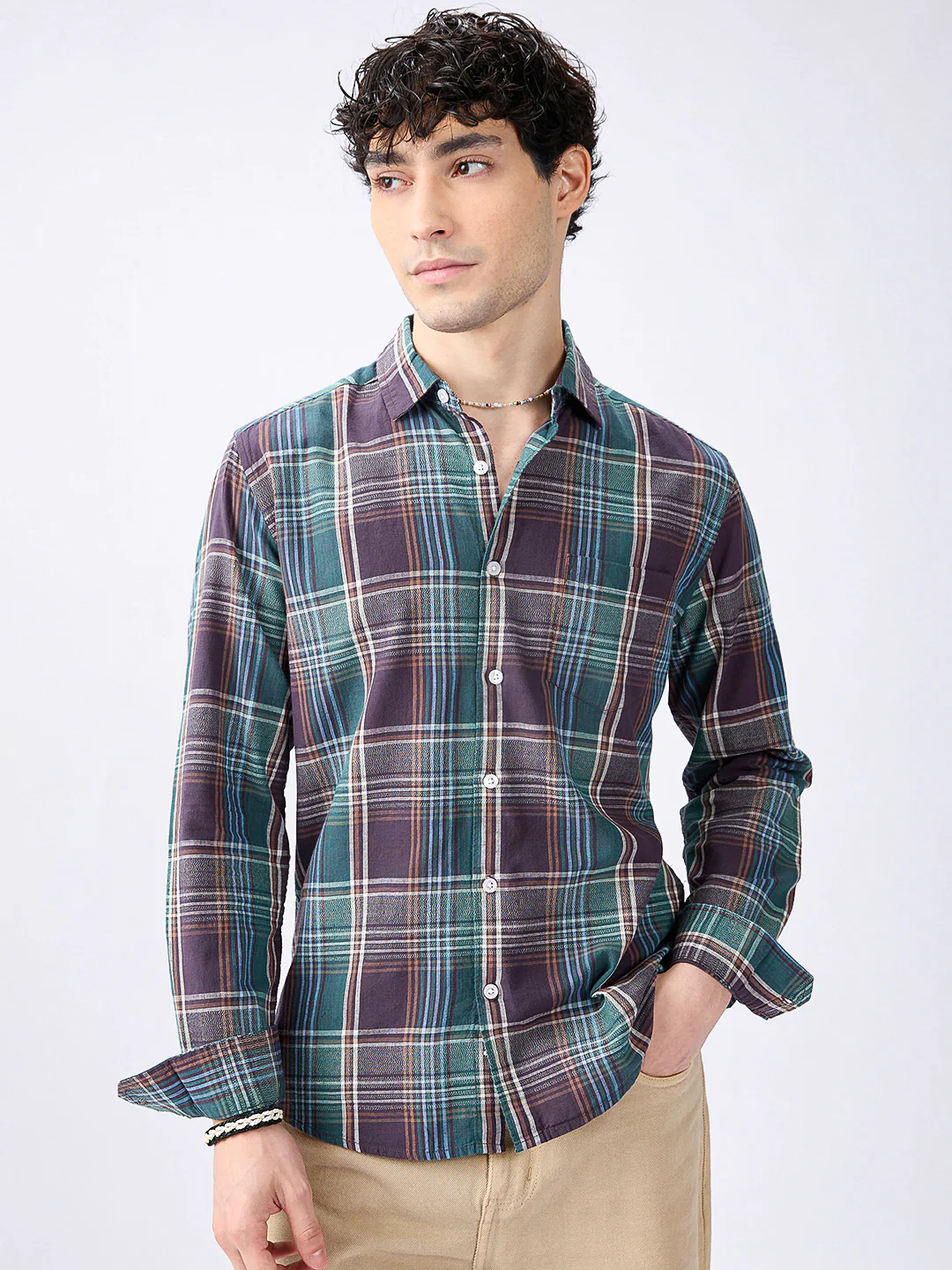 Twilight Teal Multitone Tartan Checked Jacquard Shirt - Image 5