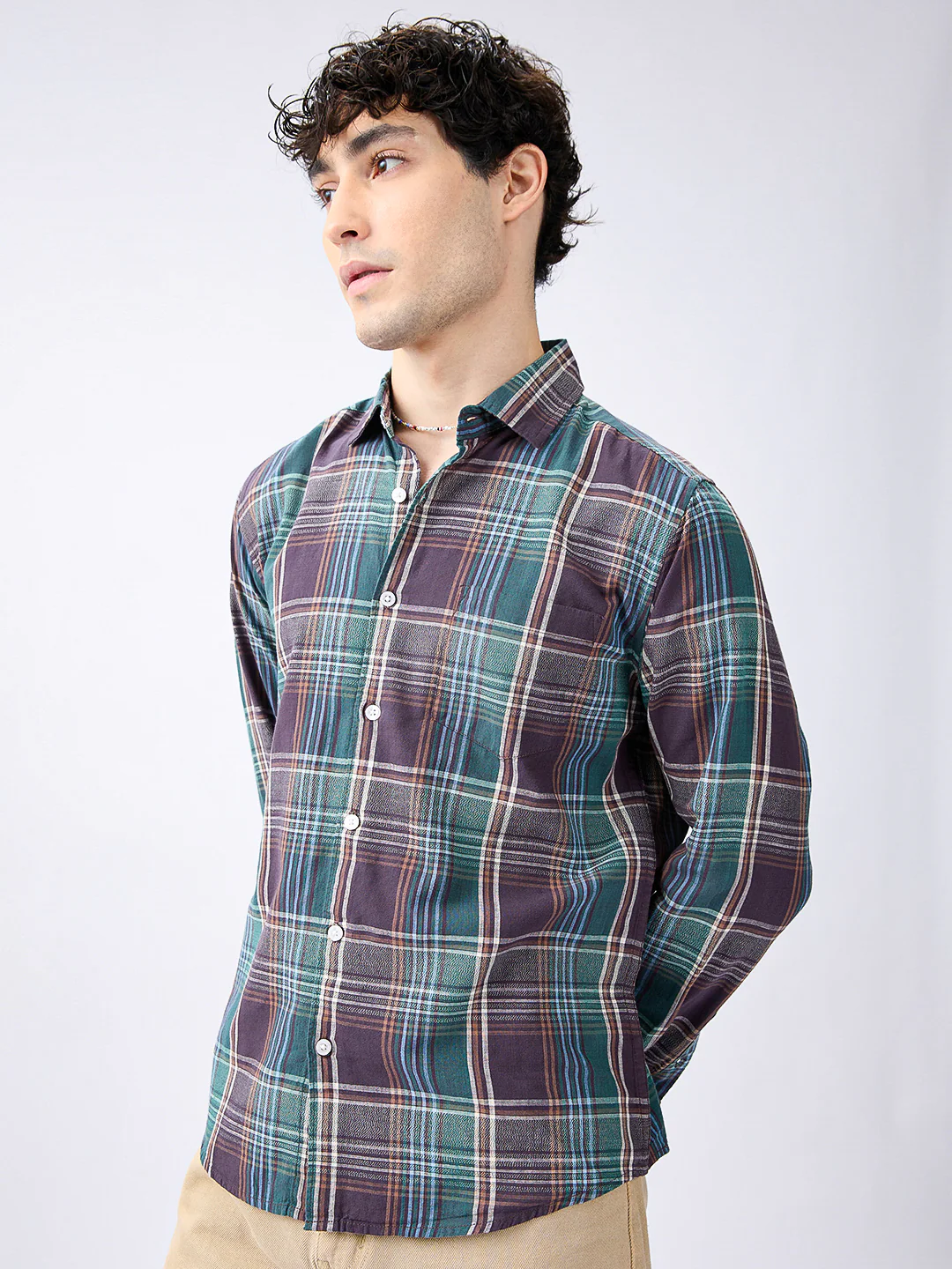 Twilight Teal Multitone Tartan Checked Jacquard Shirt - Image 6