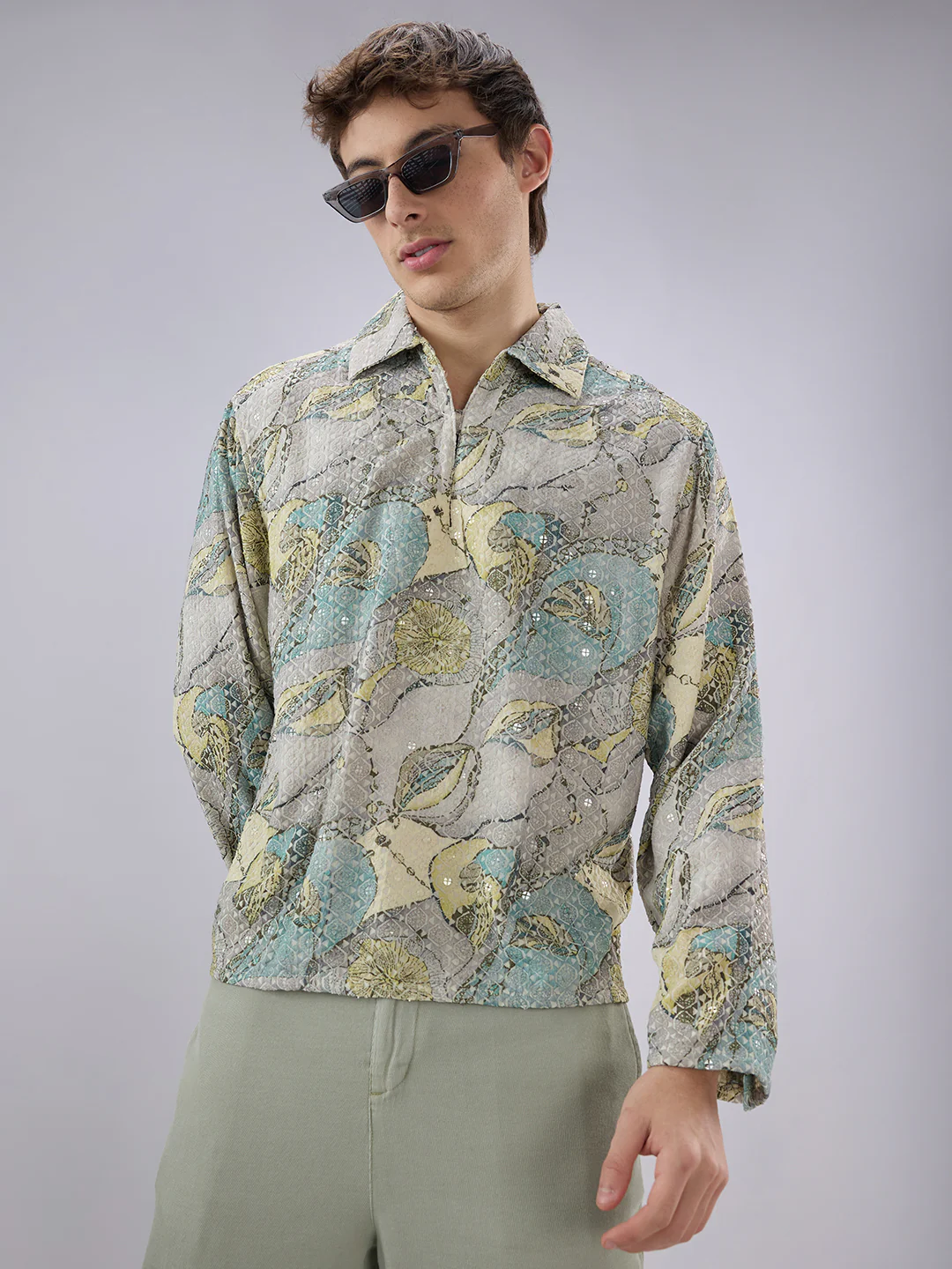 Utsav Spark Grey Sequin Embroidered Cuffless Oversized Shirt - Image 2