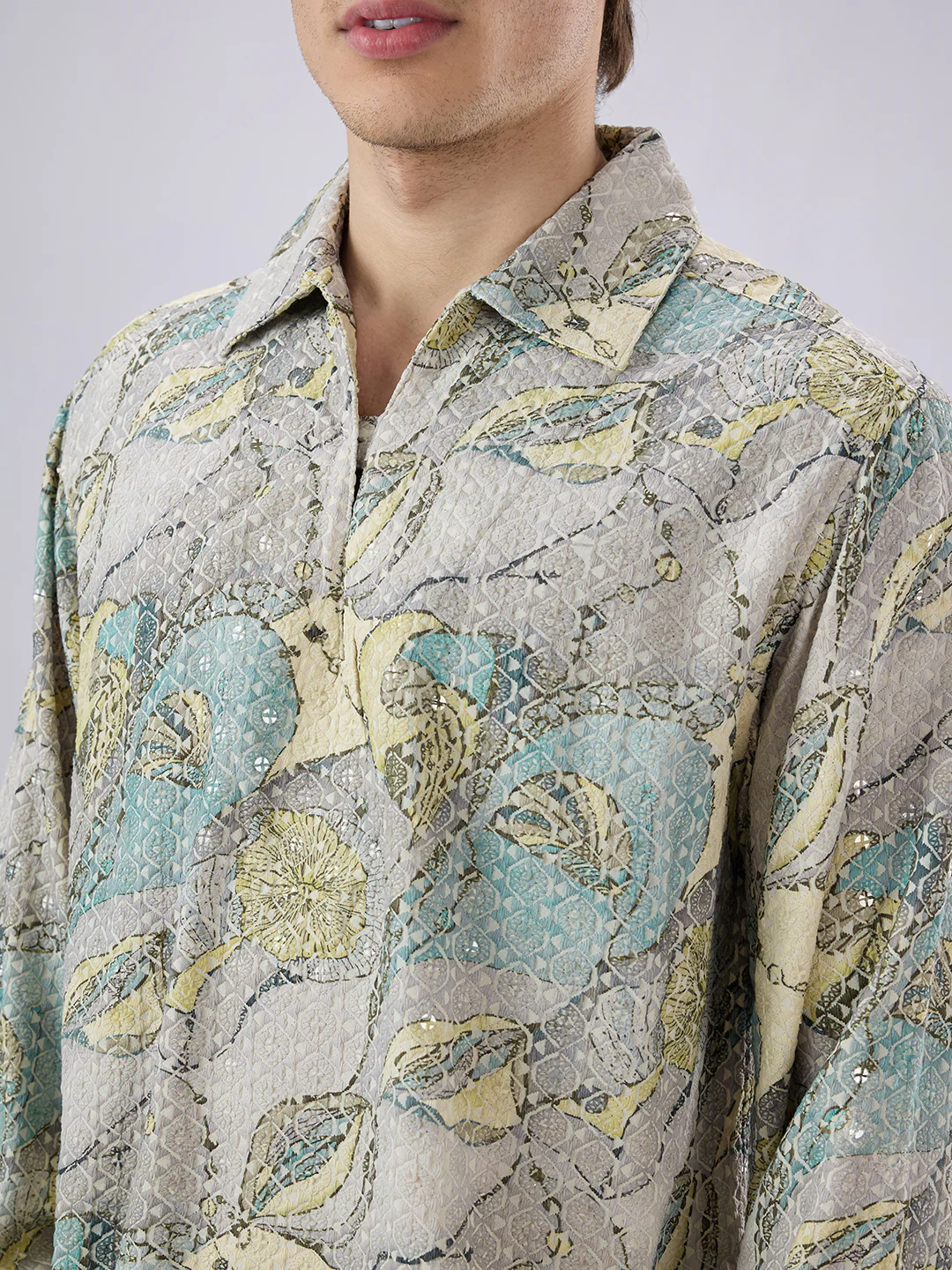 Utsav Spark Grey Sequin Embroidered Cuffless Oversized Shirt - Image 3