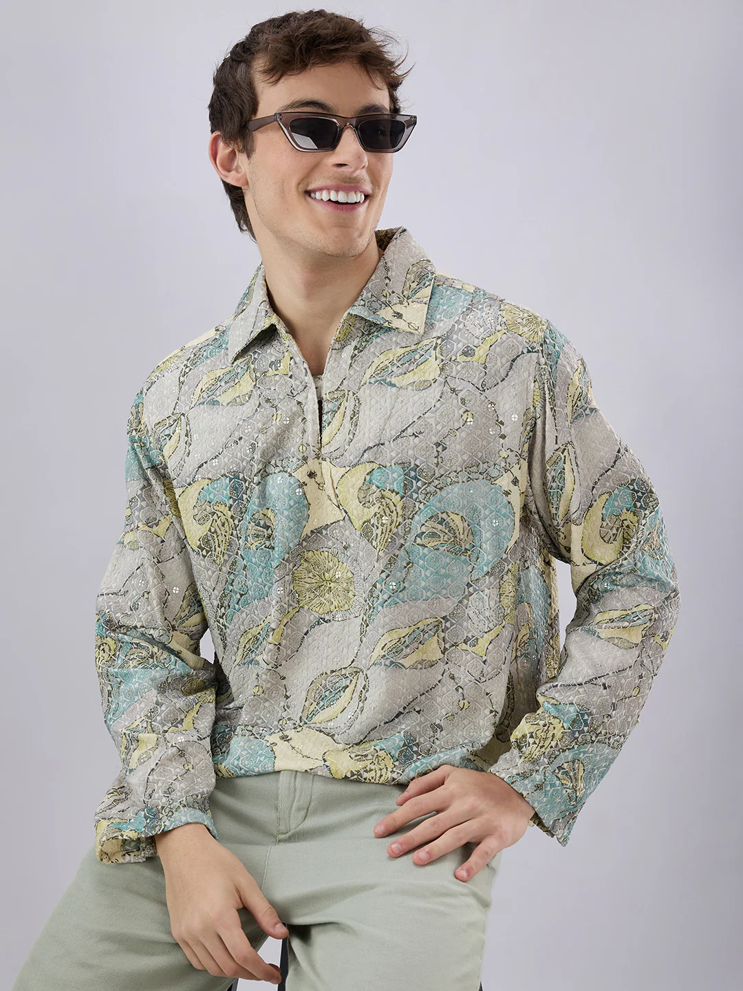Utsav Spark Grey Sequin Embroidered Cuffless Oversized Shirt - Image 4