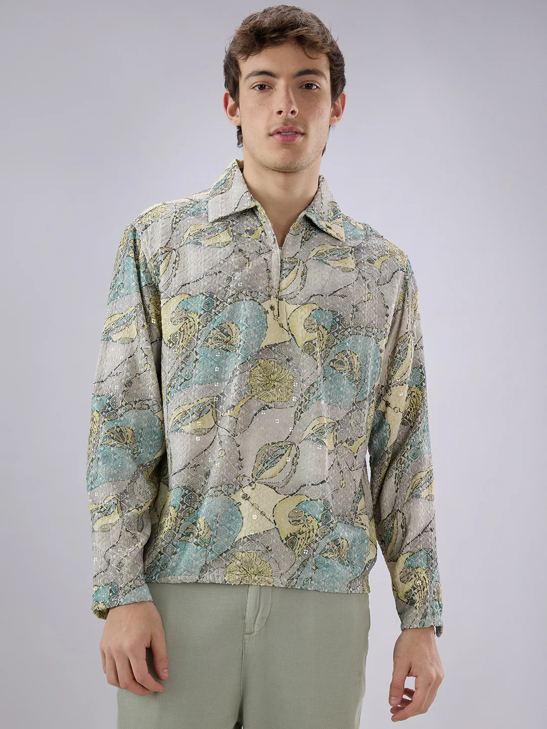 Utsav Spark Grey Sequin Embroidered Cuffless Oversized Shirt - Image 5