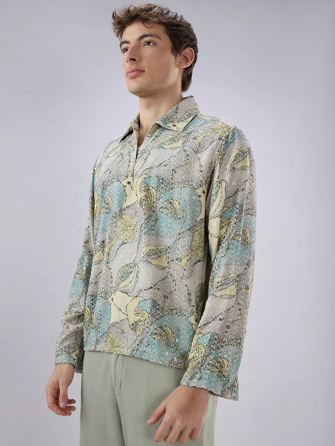 Utsav Spark Grey Sequin Embroidered Cuffless Oversized Shirt - Image 6