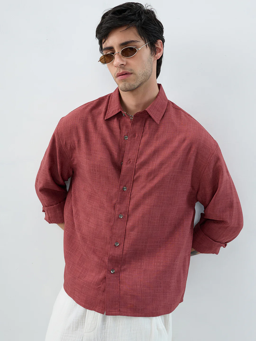 Vermillion Red Soft Grid Textured Boxy Fit Crop Shirt