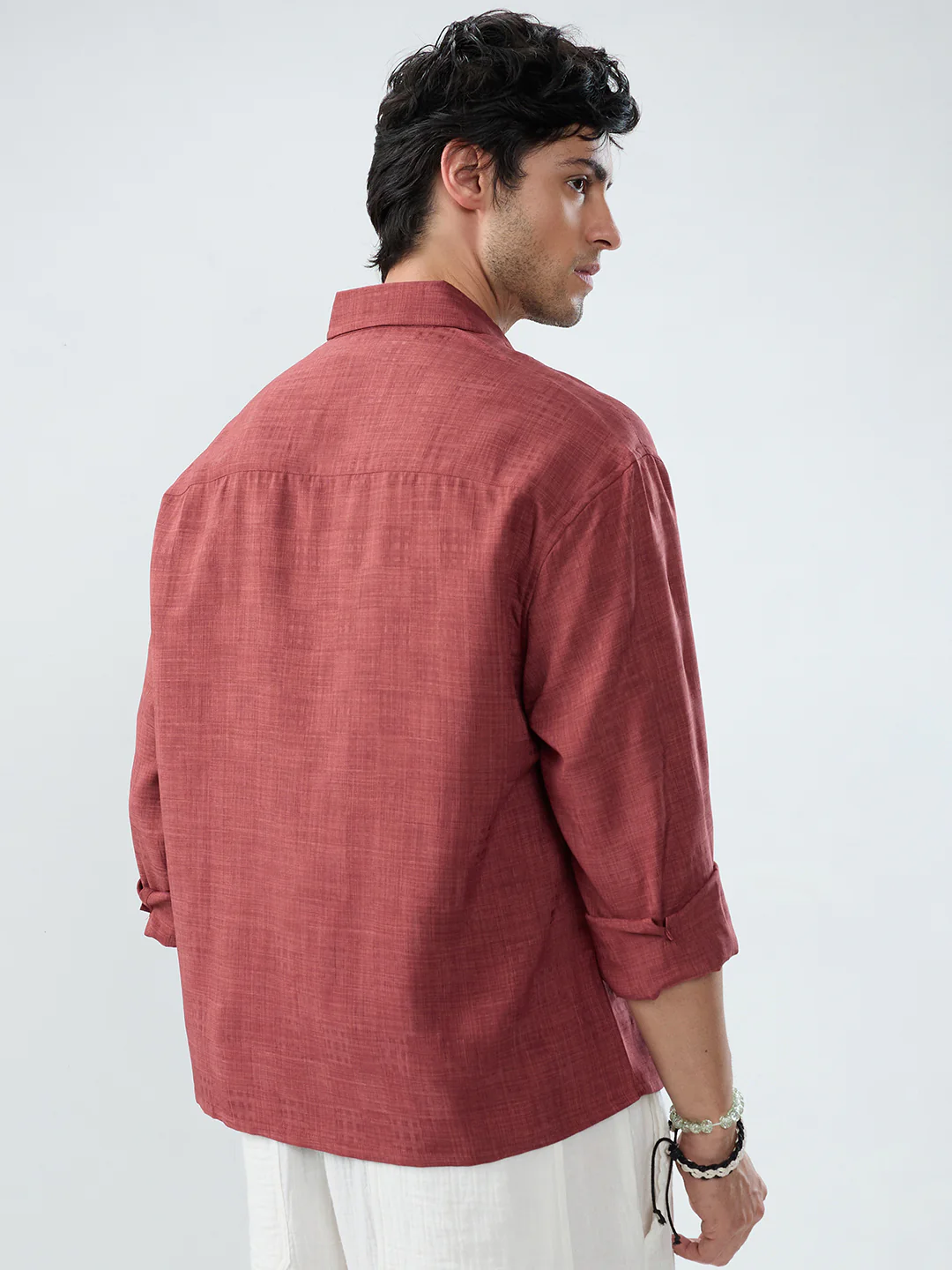 Vermillion Red Soft Grid Textured Boxy Fit Crop Shirt - Image 6