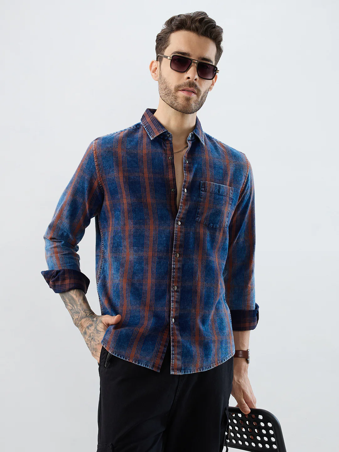 Versatile Navy & Copper Denim Plaid Checks Shirt - Image 2