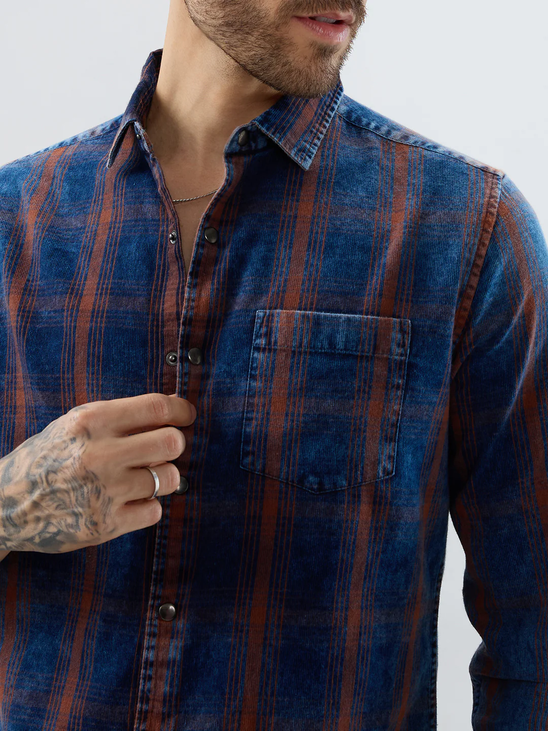 Versatile Navy & Copper Denim Plaid Checks Shirt - Image 3