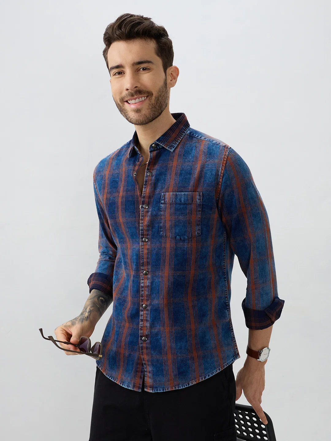 Versatile Navy & Copper Denim Plaid Checks Shirt - Image 4