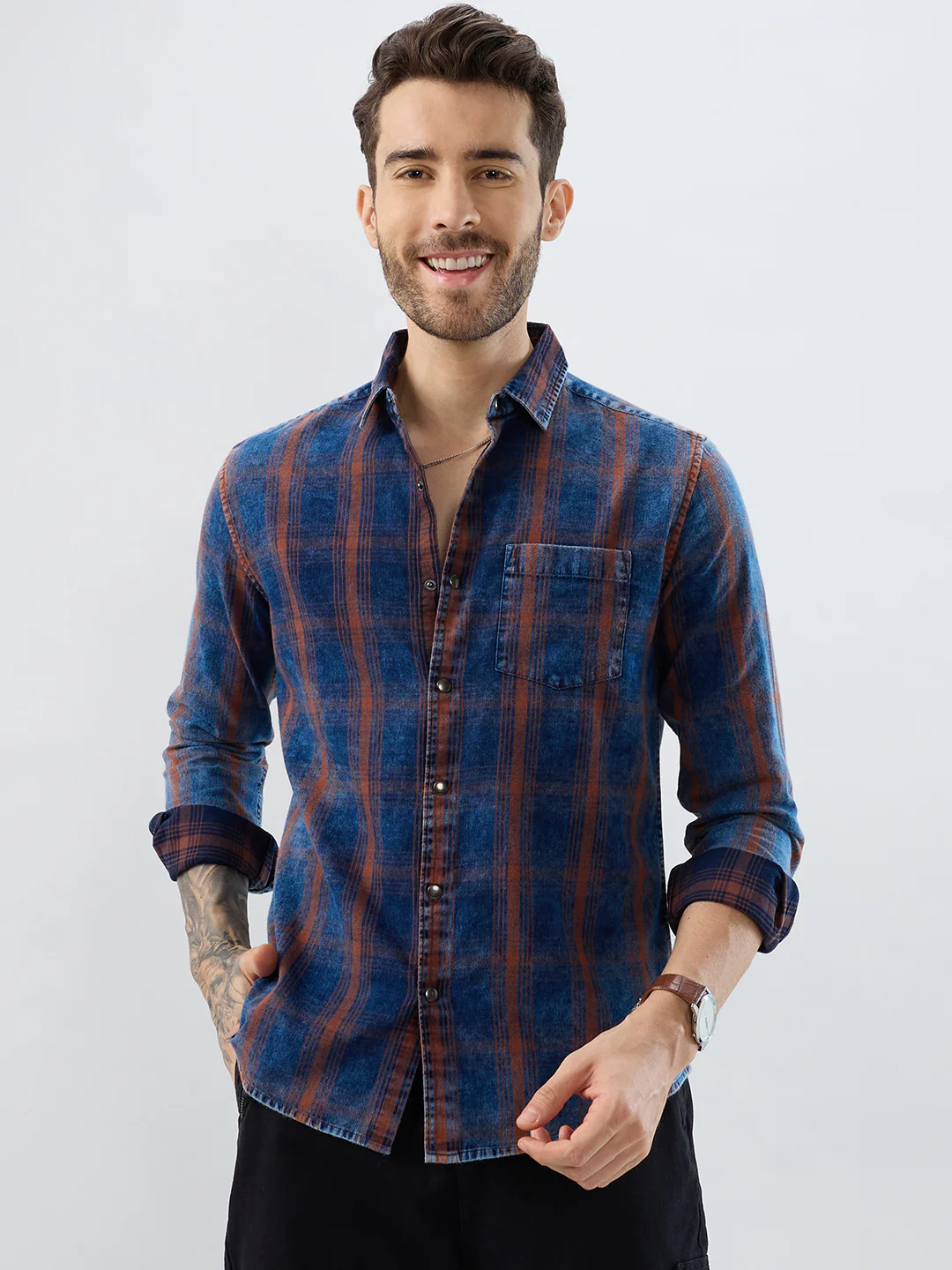 Versatile Navy & Copper Denim Plaid Checks Shirt - Image 5