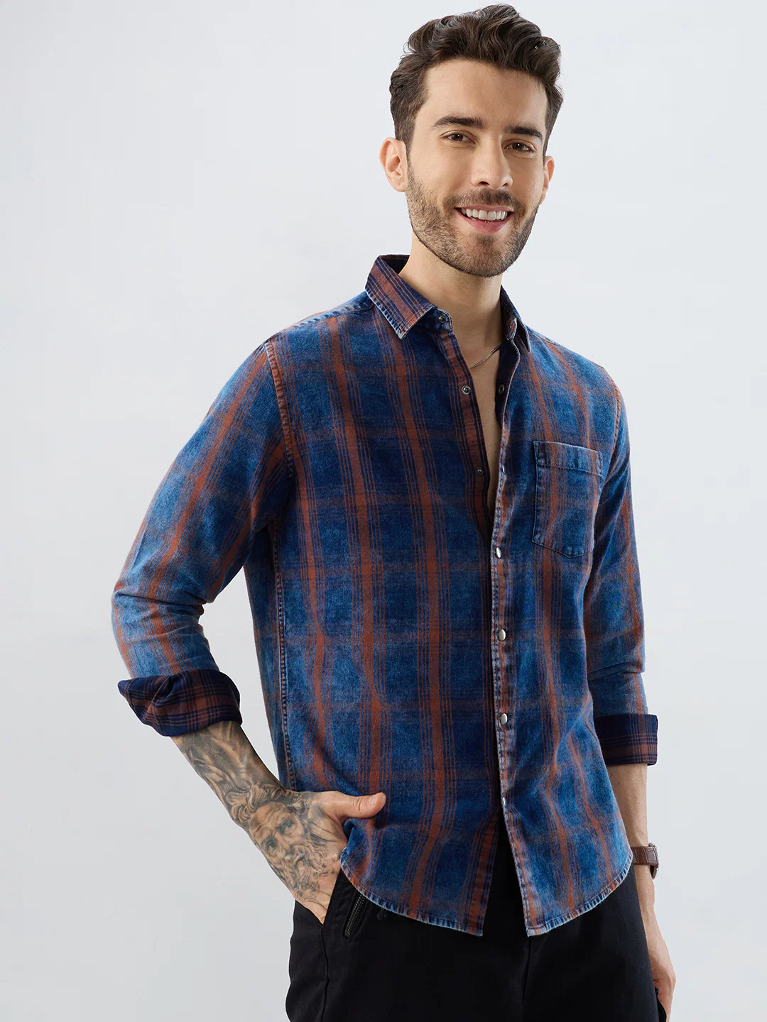 Versatile Navy & Copper Denim Plaid Checks Shirt - Image 6
