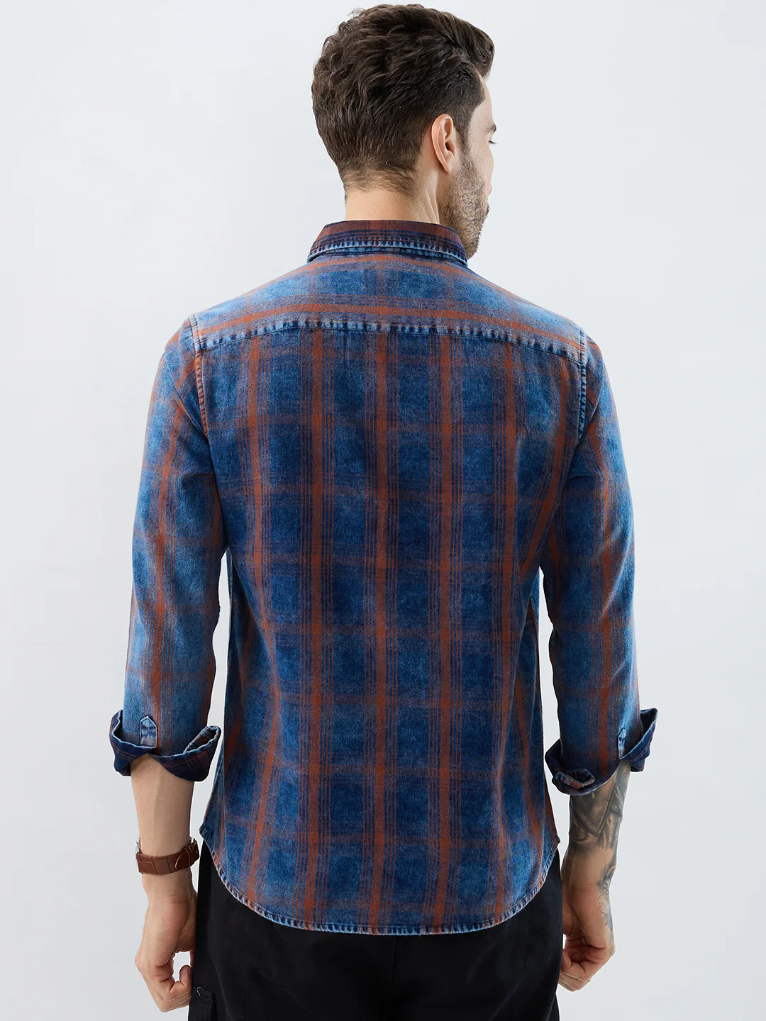 Versatile Navy & Copper Denim Plaid Checks Shirt - Image 7