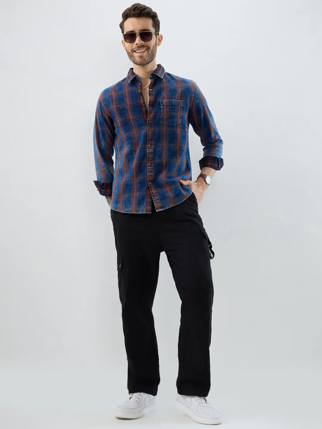 Versatile Navy & Copper Denim Plaid Checks Shirt - Image 8