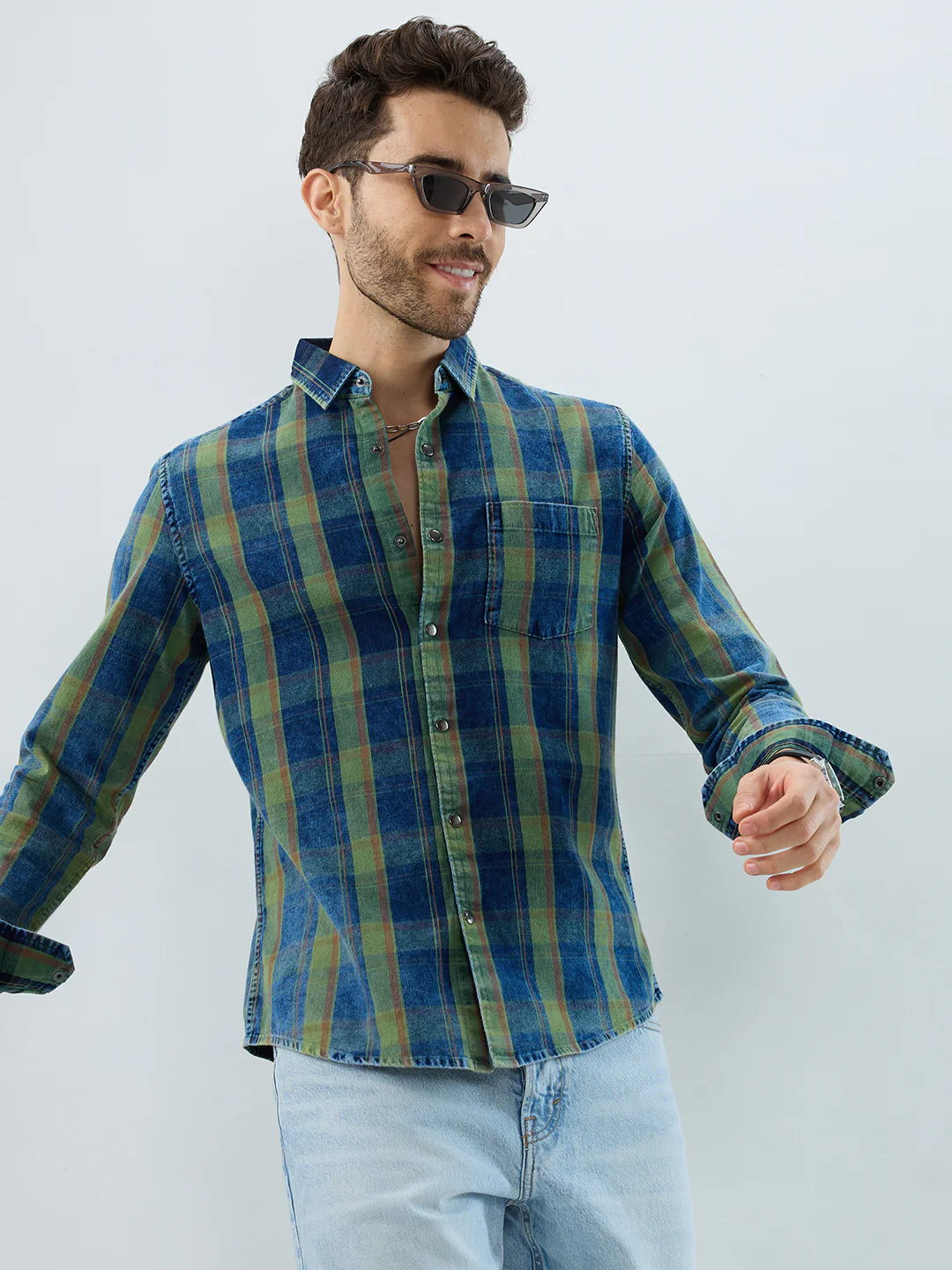 Versatile Navy & Green Denim Plaid Checks Shirt - Image 2