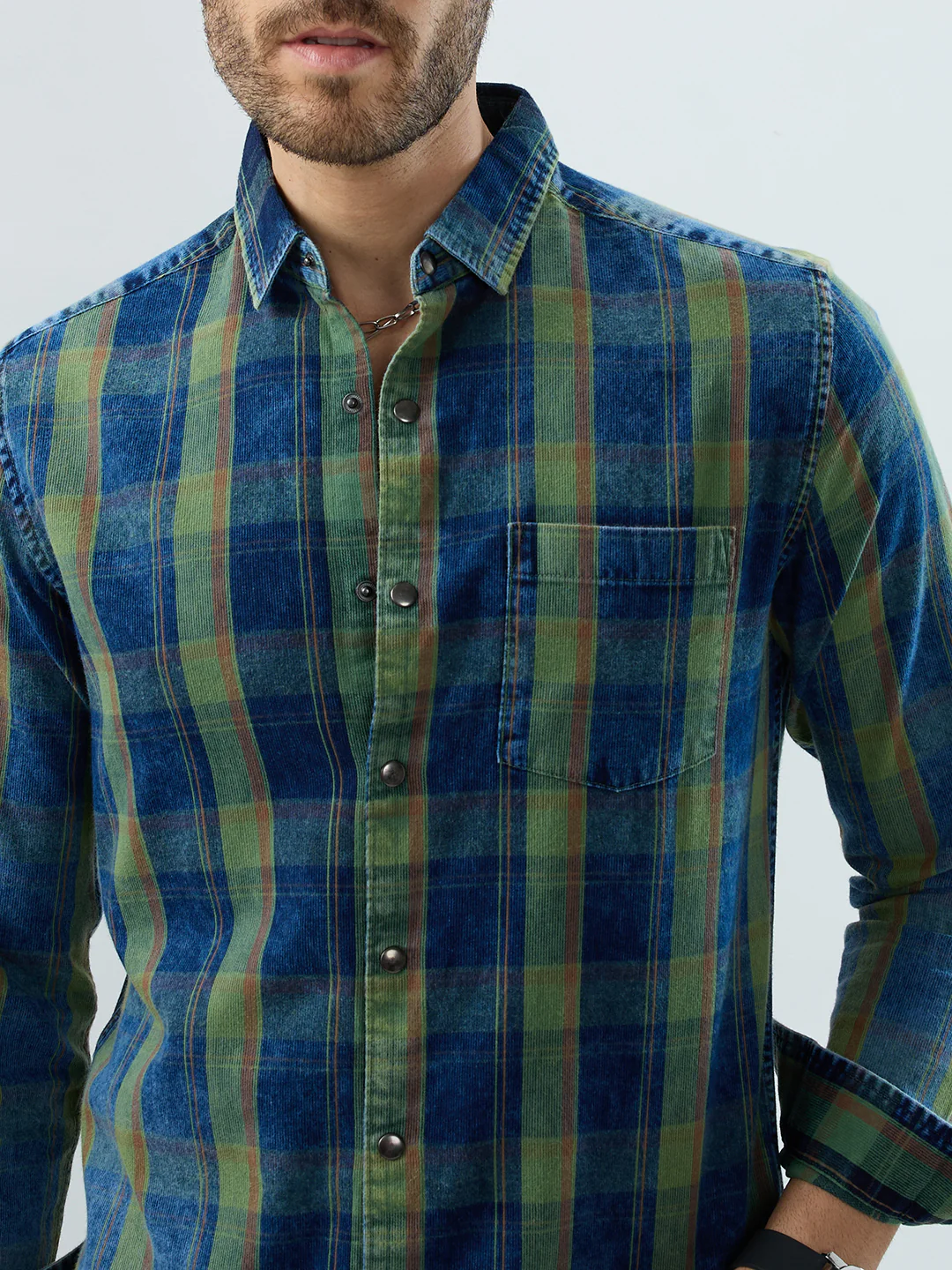Versatile Navy & Green Denim Plaid Checks Shirt - Image 3