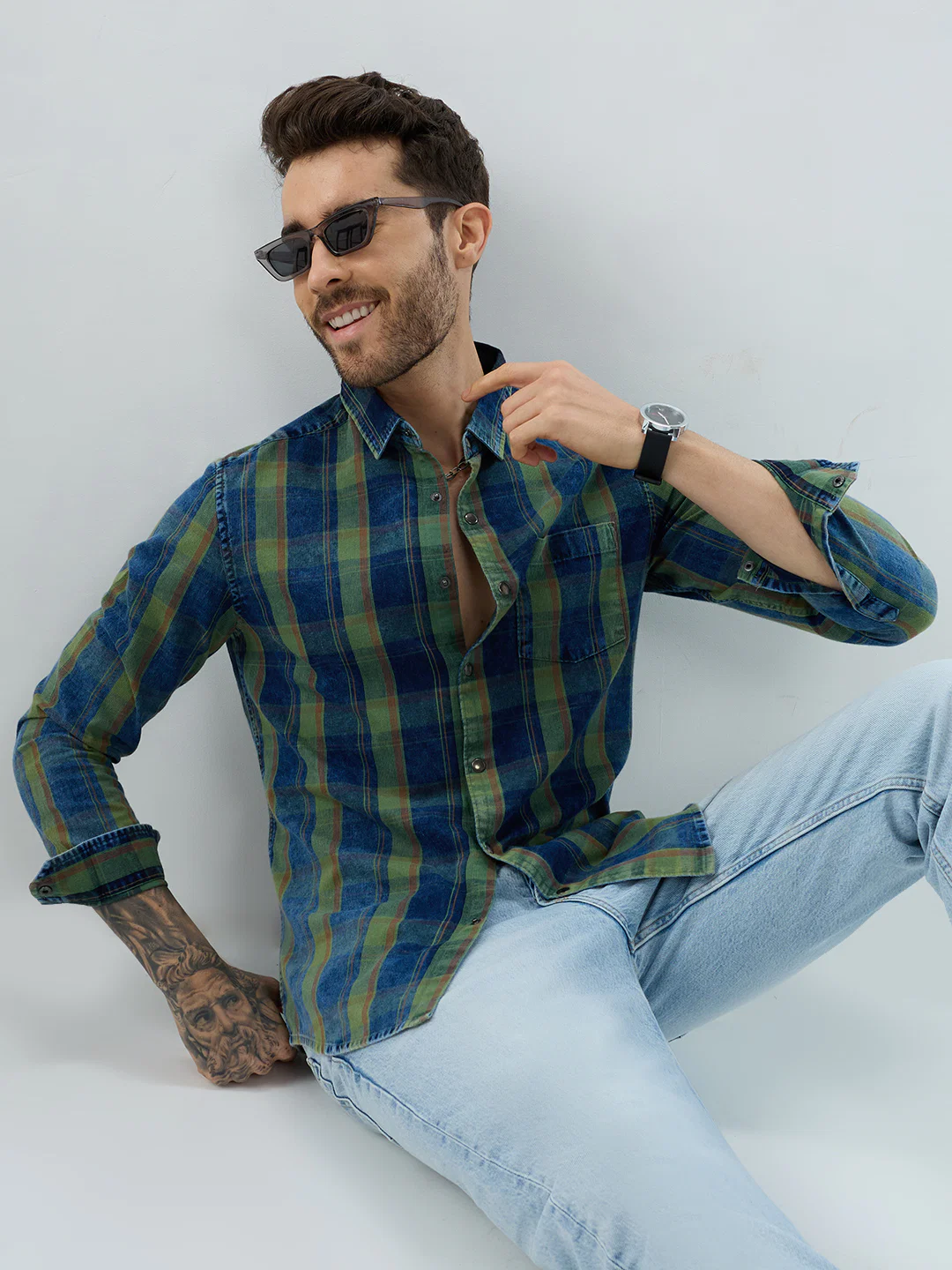 Versatile Navy & Green Denim Plaid Checks Shirt - Image 4