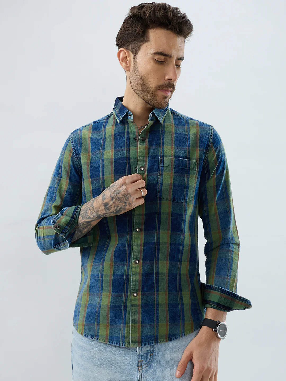 Versatile Navy & Green Denim Plaid Checks Shirt - Image 5