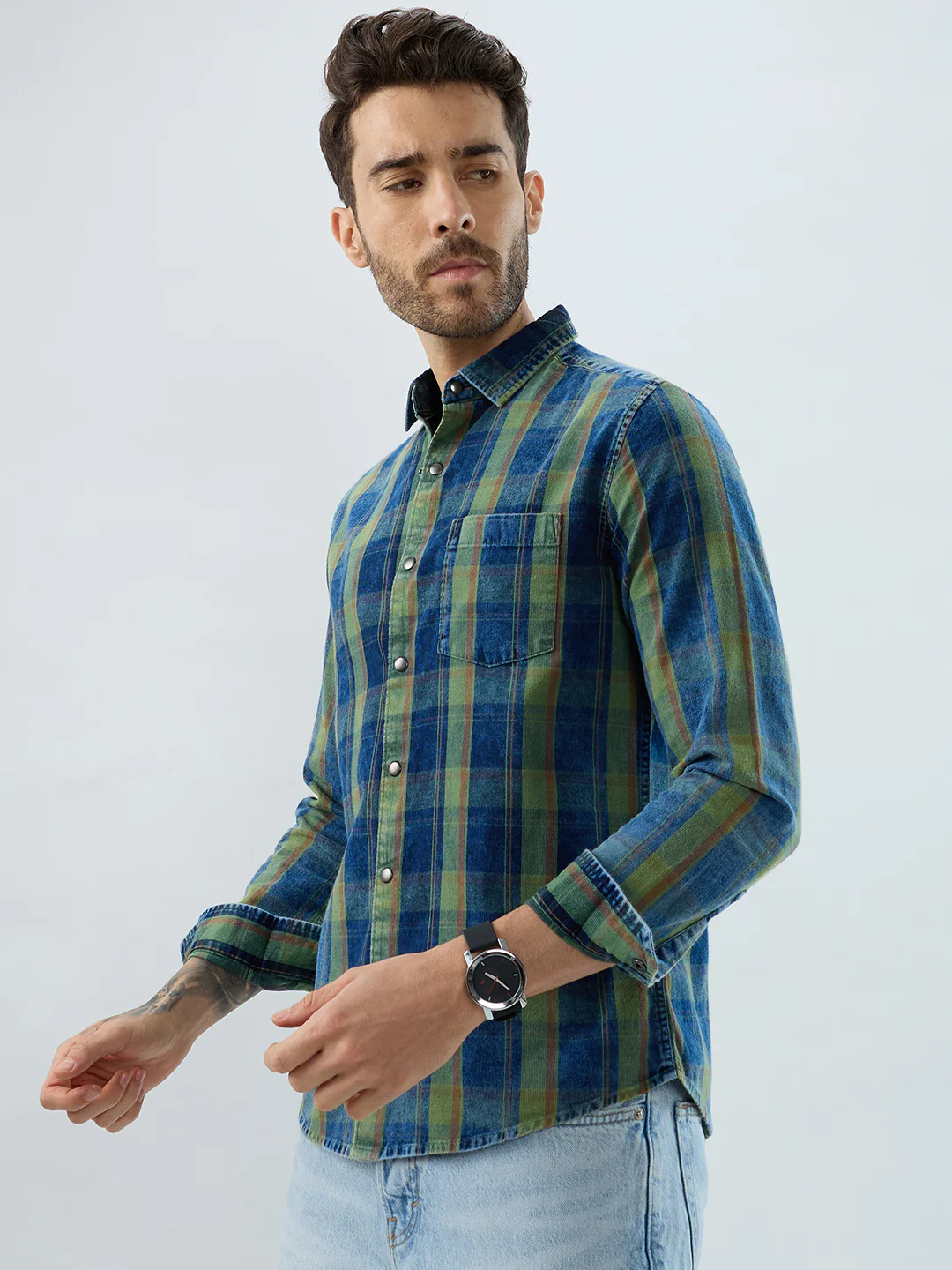 Versatile Navy & Green Denim Plaid Checks Shirt - Image 6