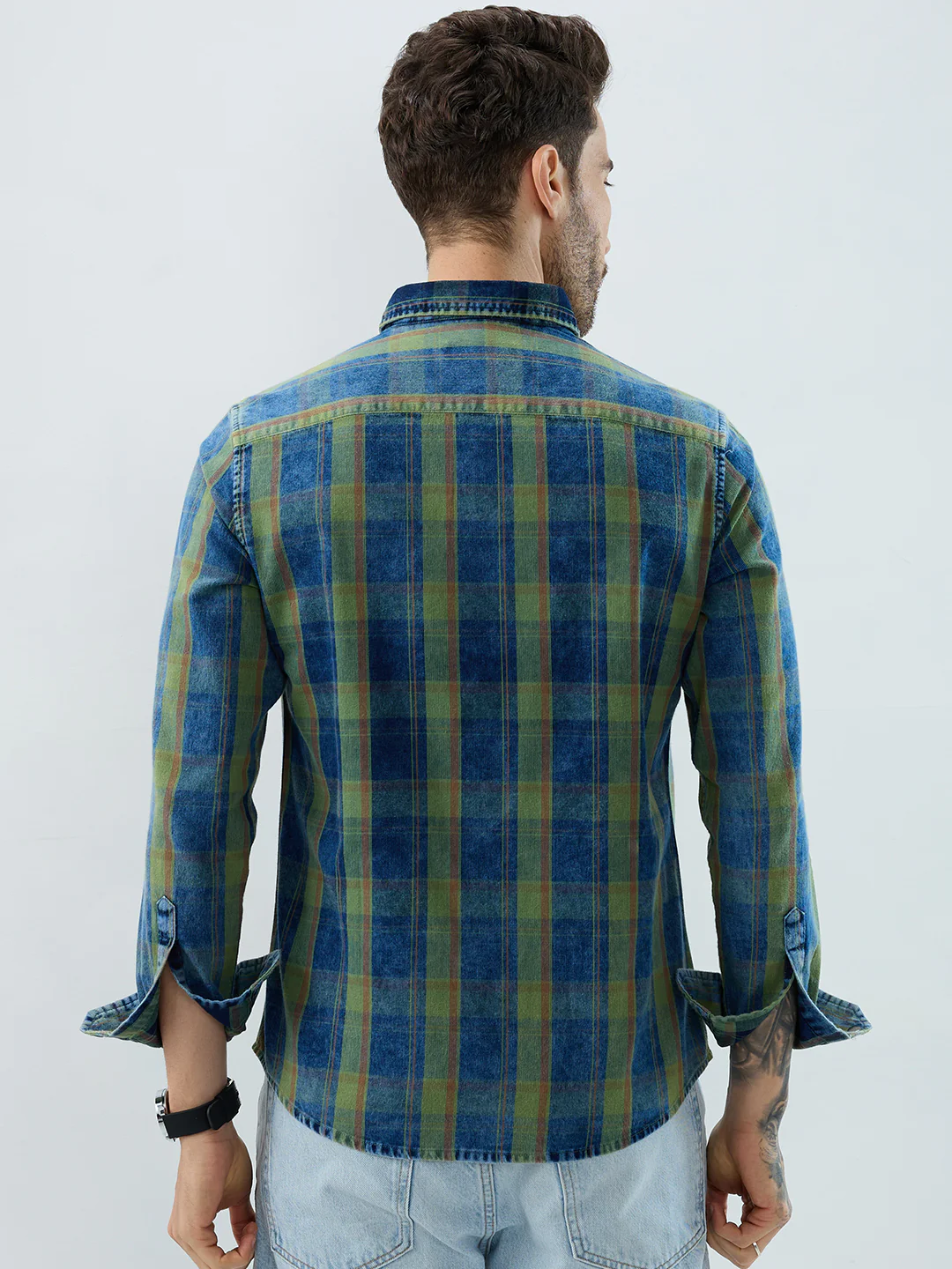 Versatile Navy & Green Denim Plaid Checks Shirt - Image 7