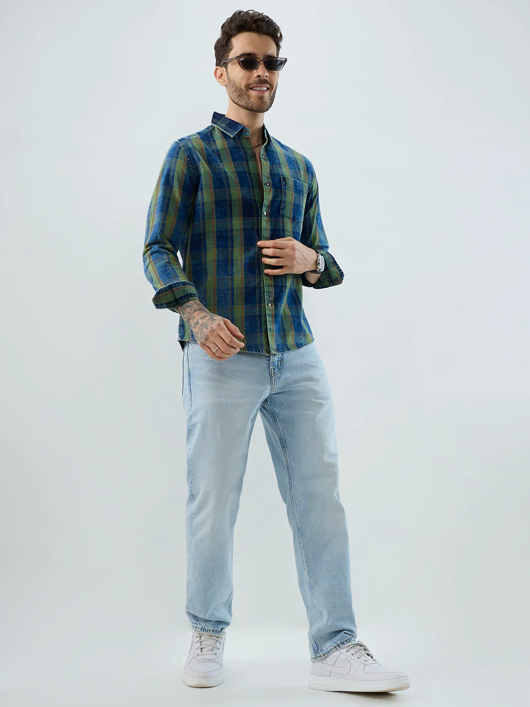 Versatile Navy & Green Denim Plaid Checks Shirt - Image 8