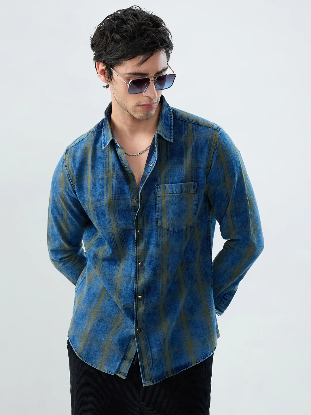 Versatile Navy & Green Denim Plaid Checks Shirt - Image 2