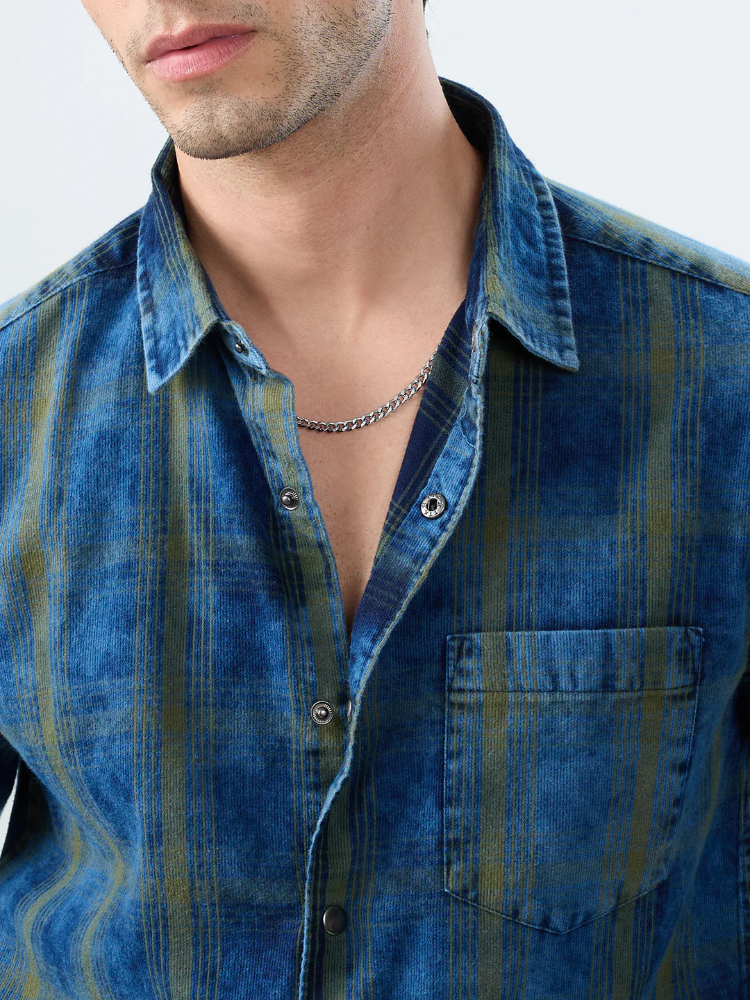 Versatile Navy & Green Denim Plaid Checks Shirt - Image 3