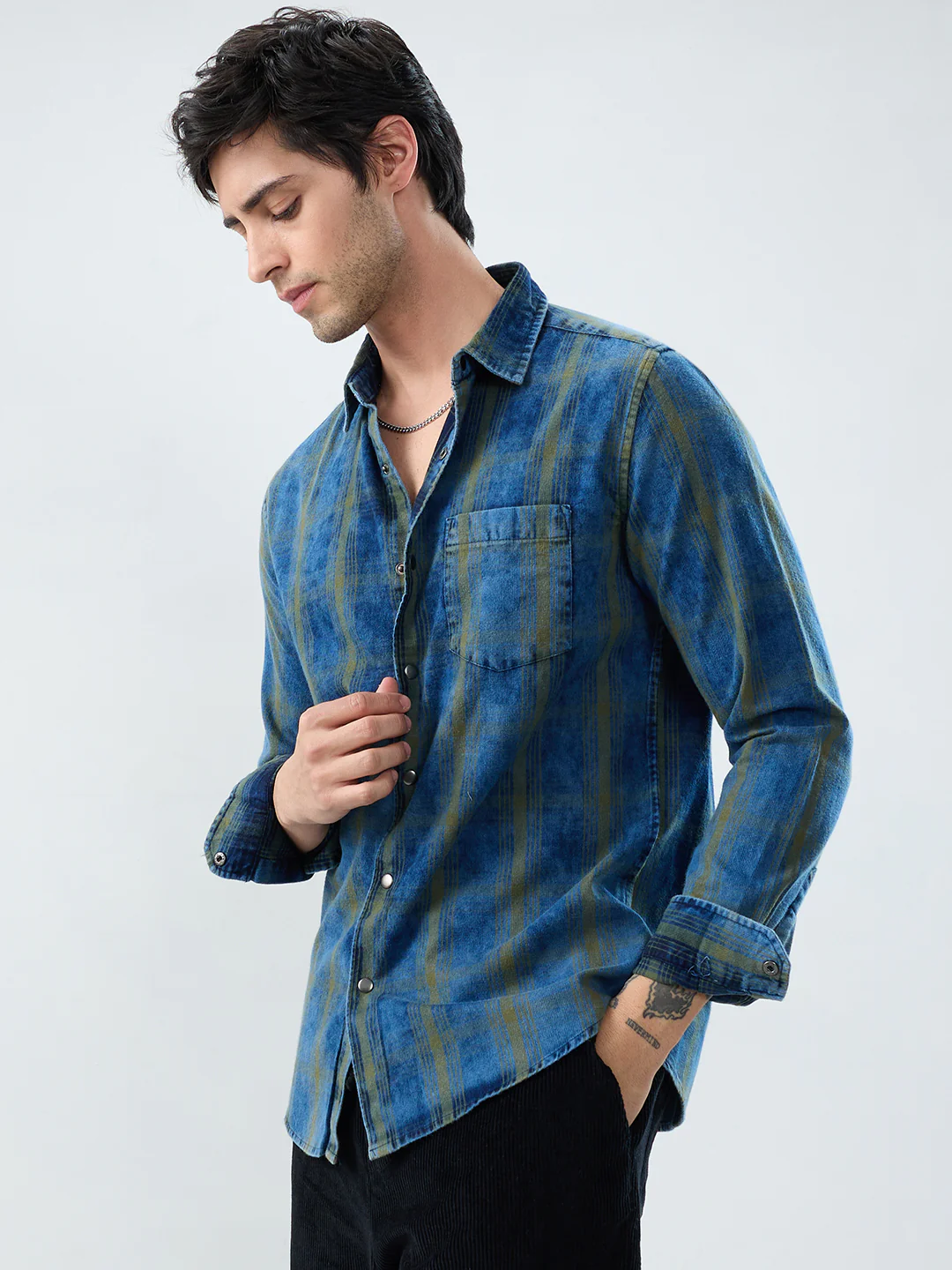 Versatile Navy & Green Denim Plaid Checks Shirt - Image 5