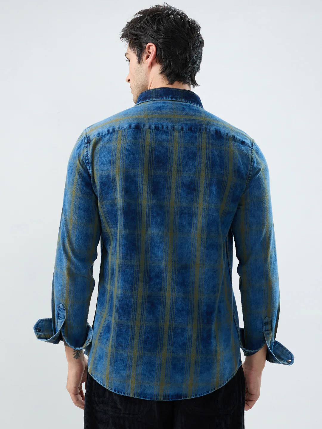 Versatile Navy & Green Denim Plaid Checks Shirt - Image 6