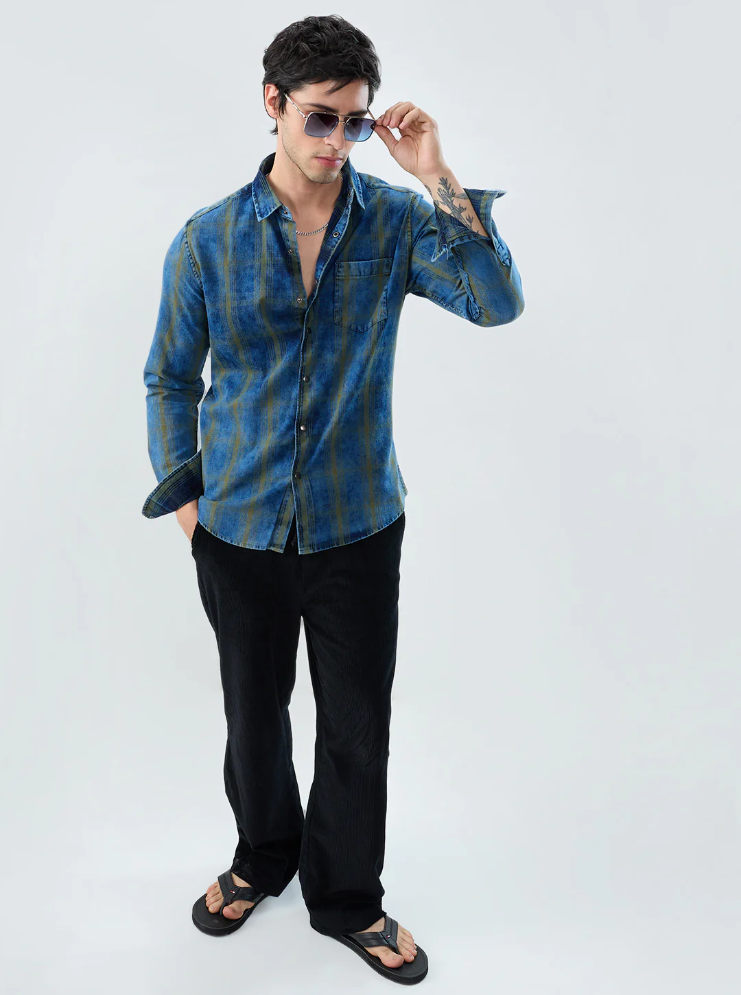 Versatile Navy & Green Denim Plaid Checks Shirt - Image 7