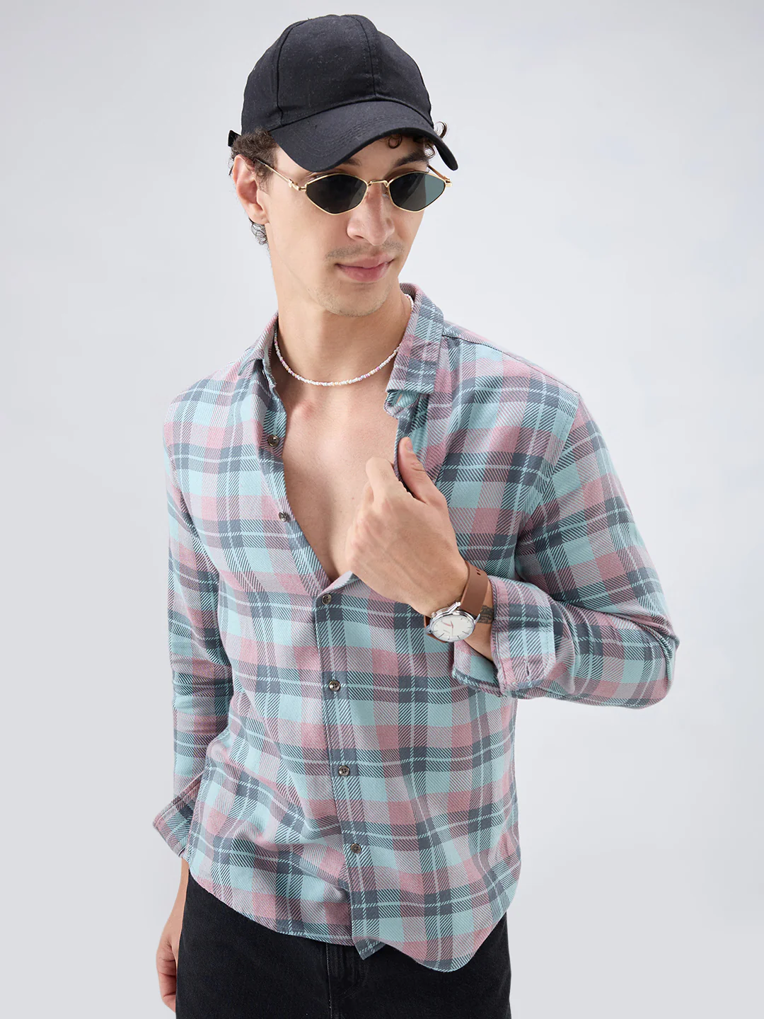 Vintage Blue Diagonal Textured Overlay Melange Checks Shirt - Image 2