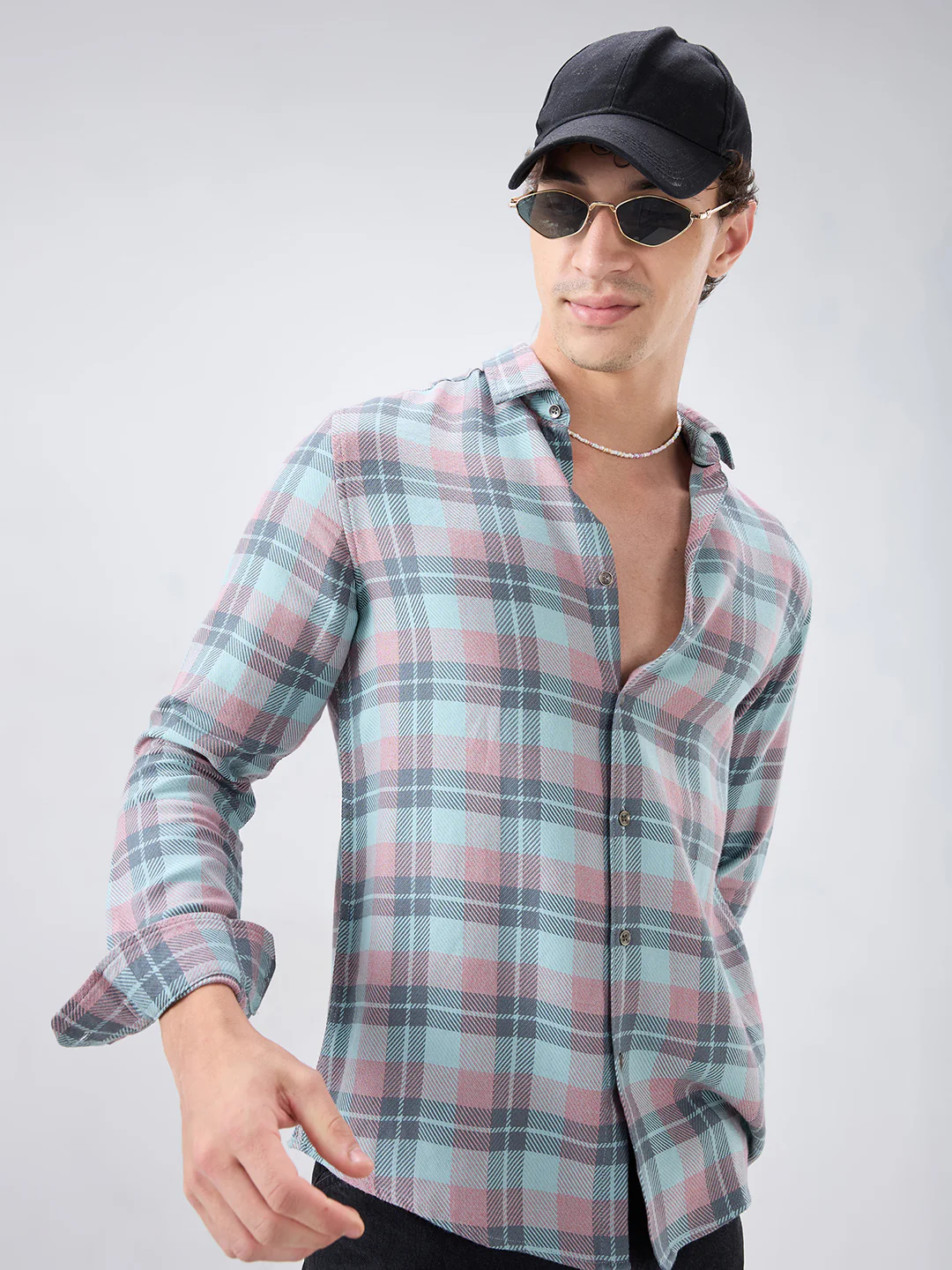 Vintage Blue Diagonal Textured Overlay Melange Checks Shirt - Image 4