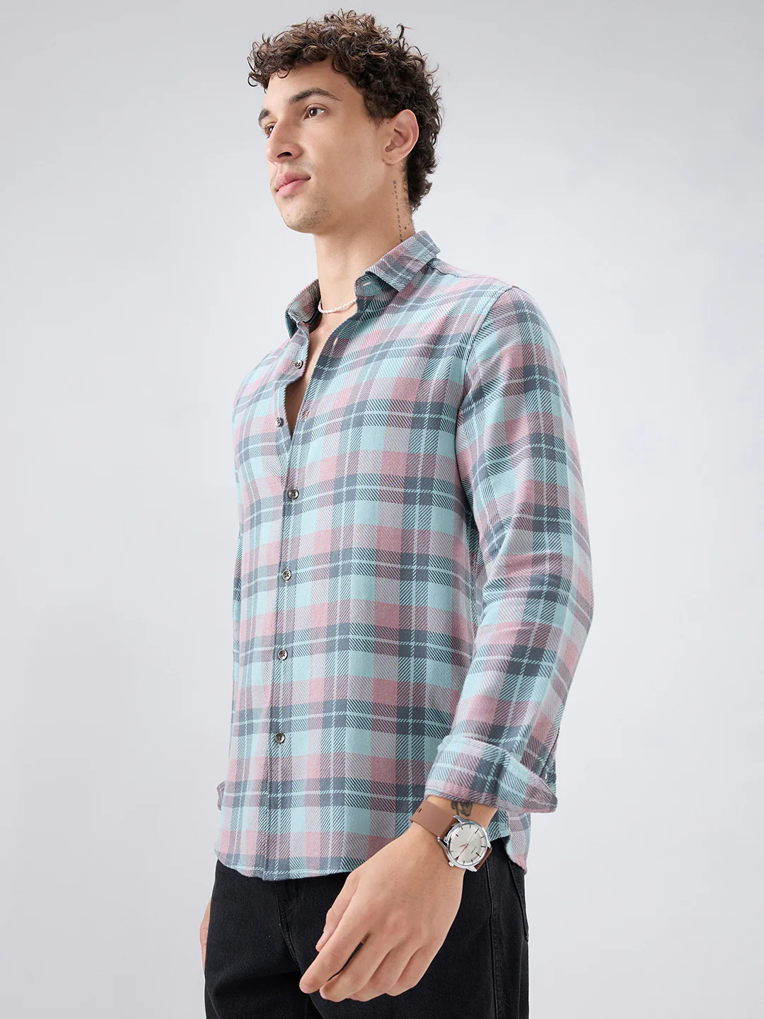 Vintage Blue Diagonal Textured Overlay Melange Checks Shirt - Image 6