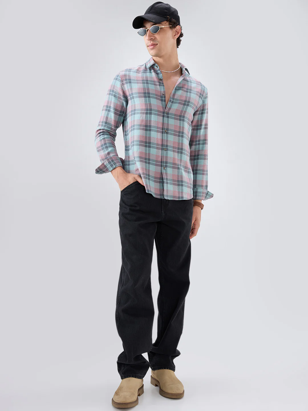 Vintage Blue Diagonal Textured Overlay Melange Checks Shirt - Image 8
