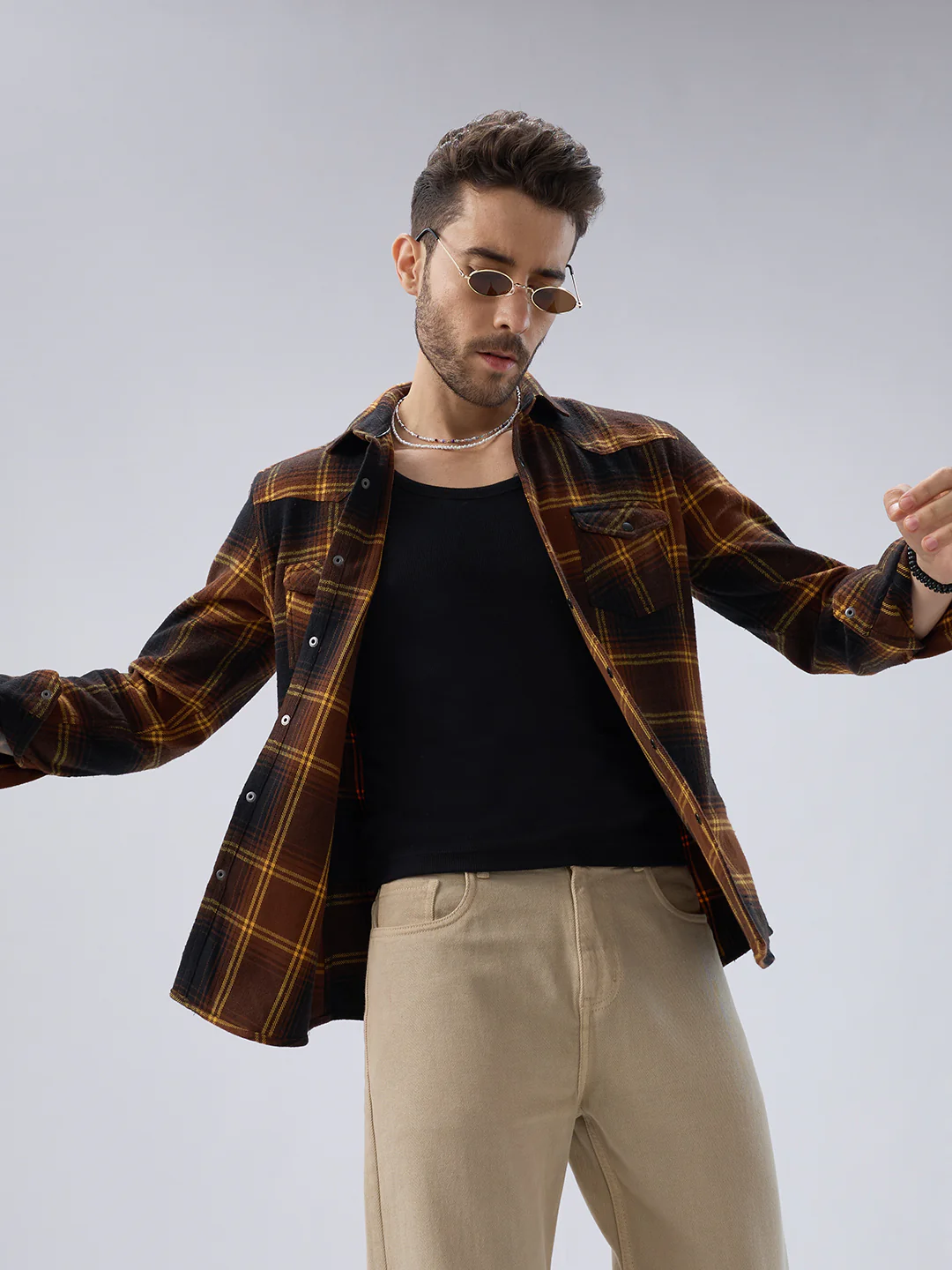Vintage Coffee Brown & Mustard Checks Flap Pocket Flannel Shirt - Image 2
