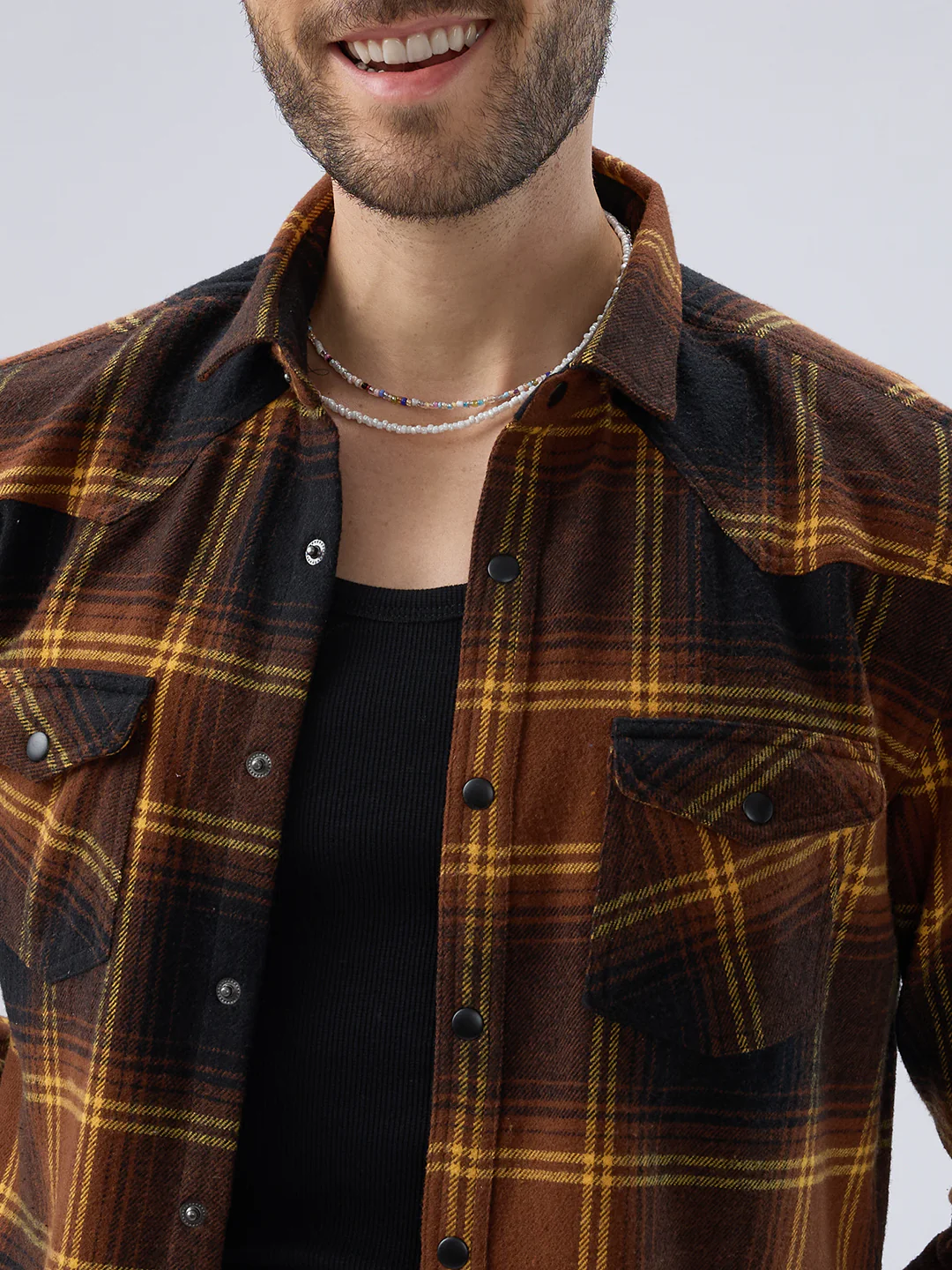 Vintage Coffee Brown & Mustard Checks Flap Pocket Flannel Shirt - Image 3