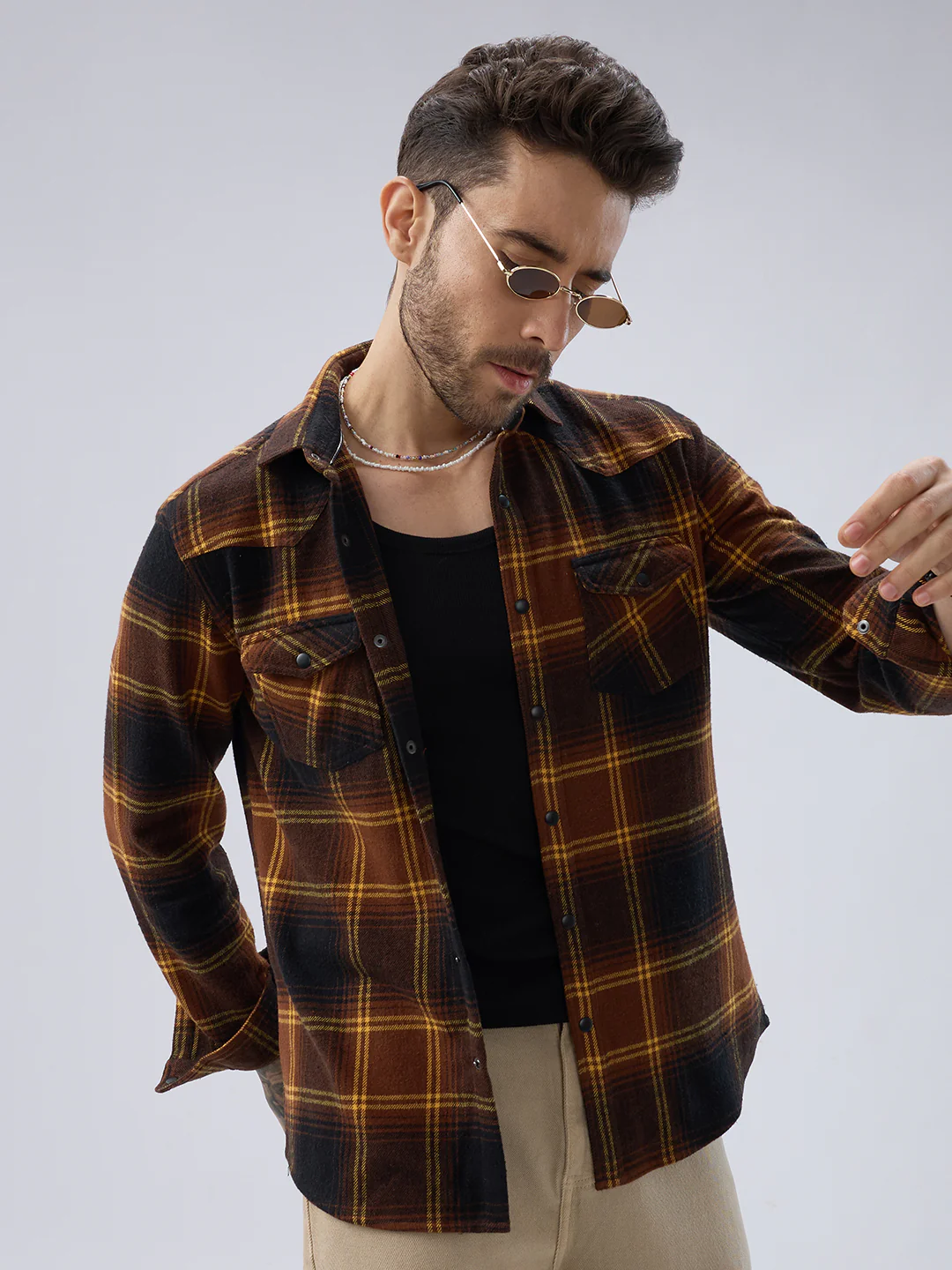 Vintage Coffee Brown & Mustard Checks Flap Pocket Flannel Shirt - Image 4