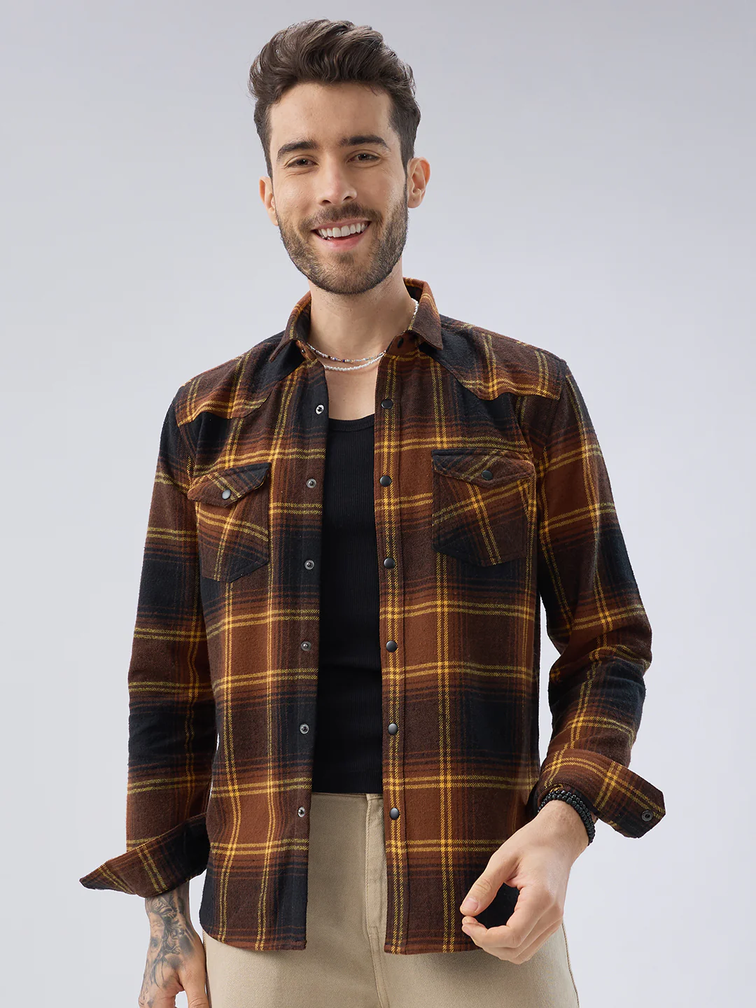 Vintage Coffee Brown & Mustard Checks Flap Pocket Flannel Shirt - Image 5