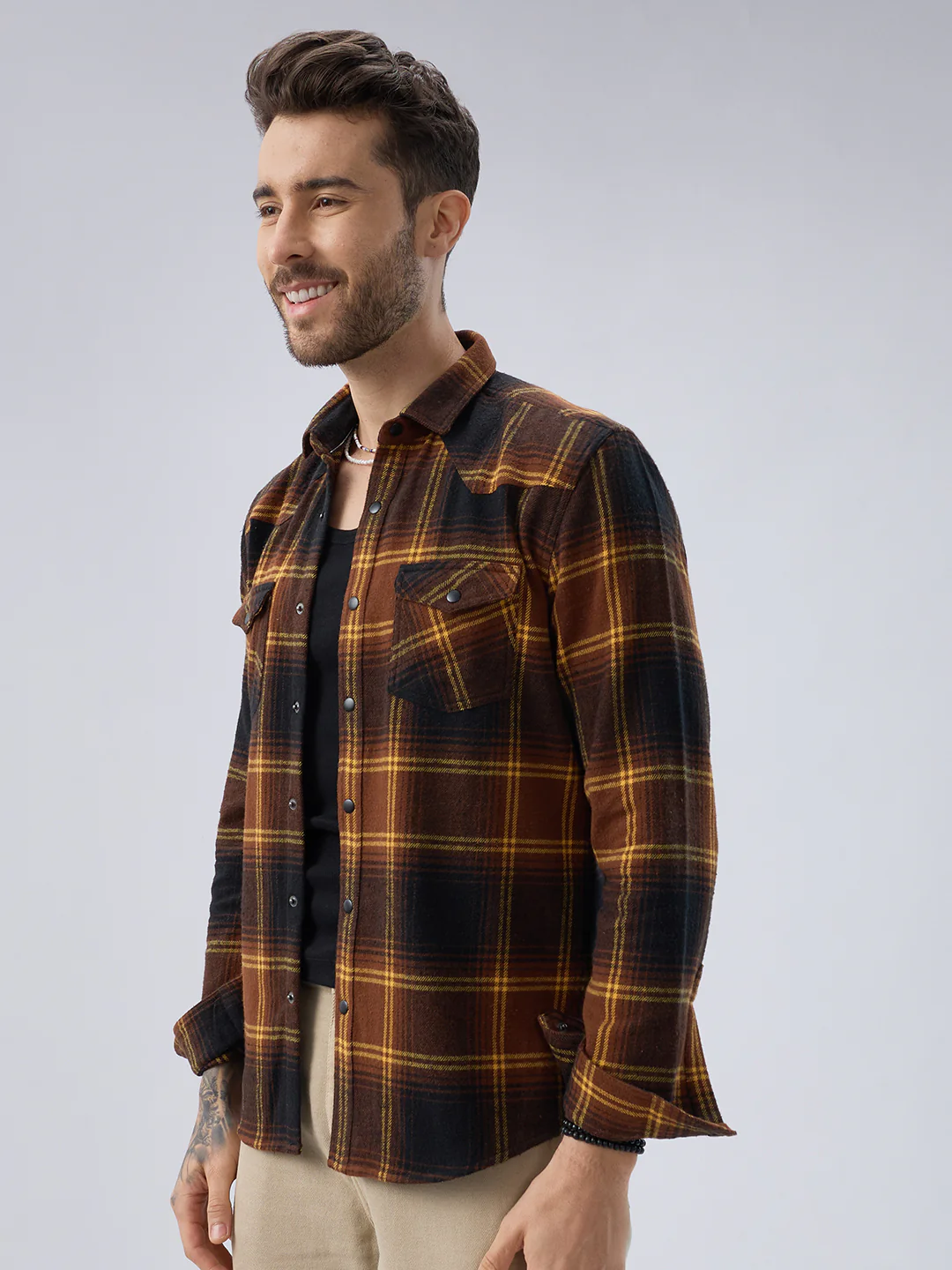 Vintage Coffee Brown & Mustard Checks Flap Pocket Flannel Shirt - Image 6