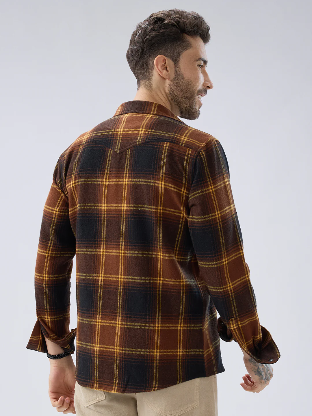 Vintage Coffee Brown & Mustard Checks Flap Pocket Flannel Shirt - Image 7