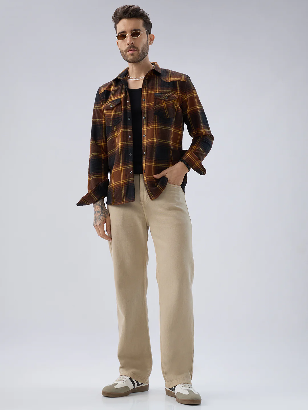 Vintage Coffee Brown & Mustard Checks Flap Pocket Flannel Shirt - Image 8